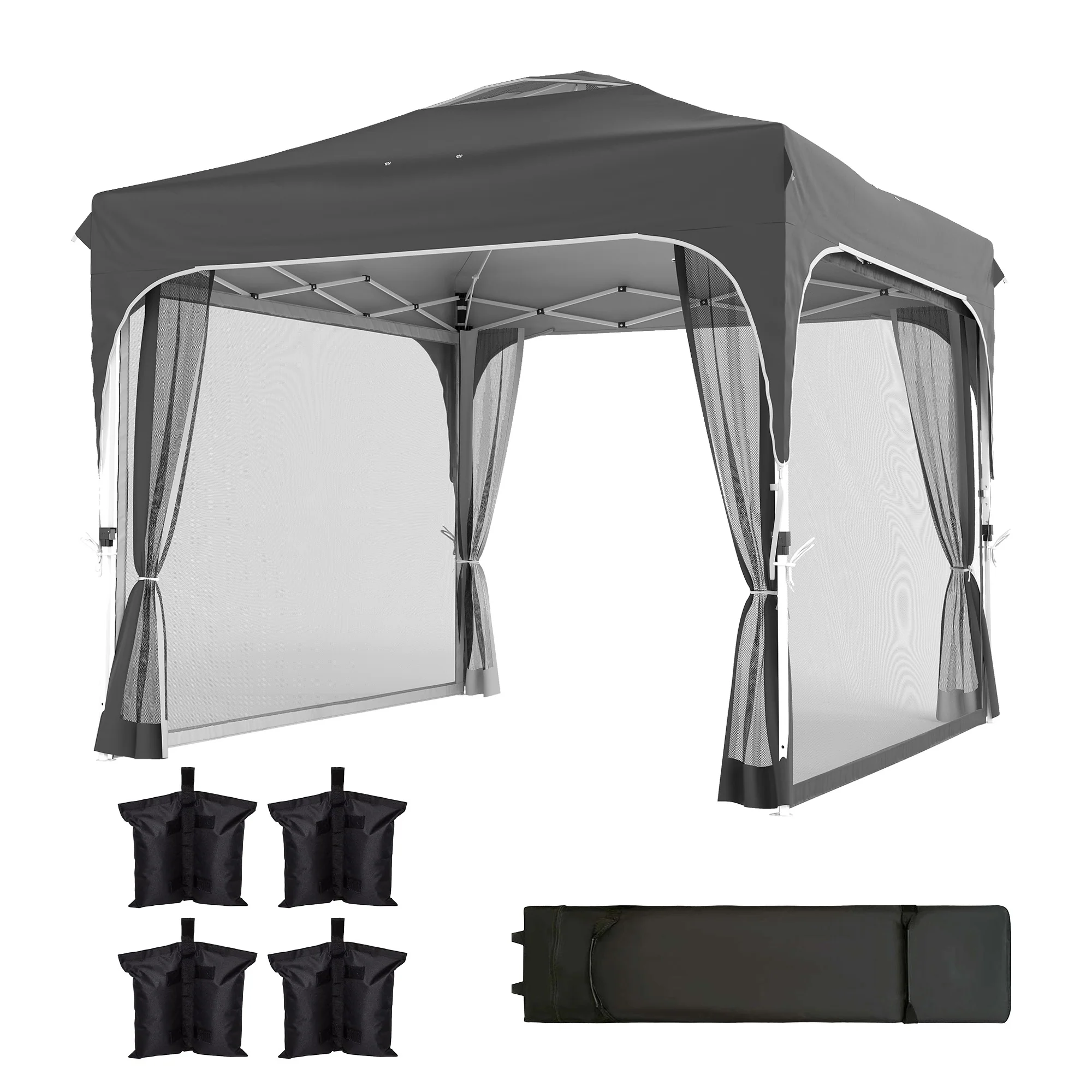 10 x 10 ft Pop Up Canopy Tent with Mosquito Netting and Sandbags, Dark Grey - Image 2