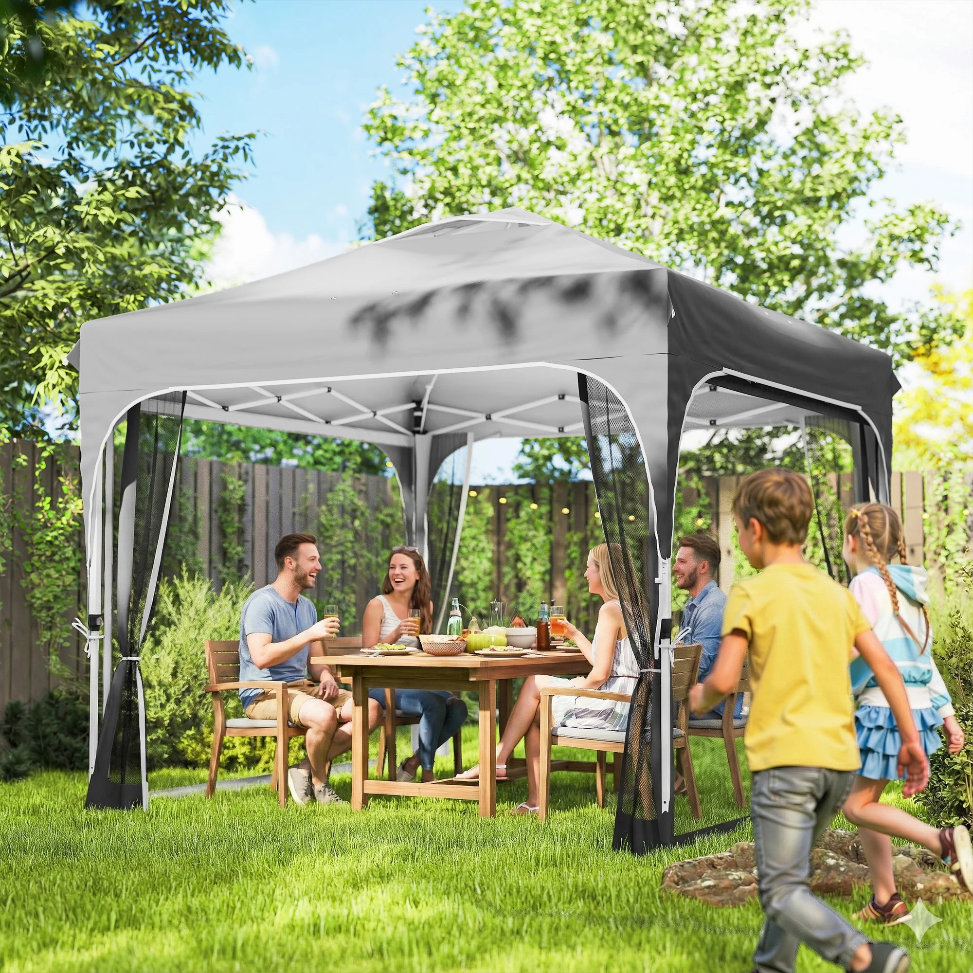 10 x 10 ft Pop Up Canopy Tent with Mosquito Netting and Sandbags, Dark Grey - Image 3
