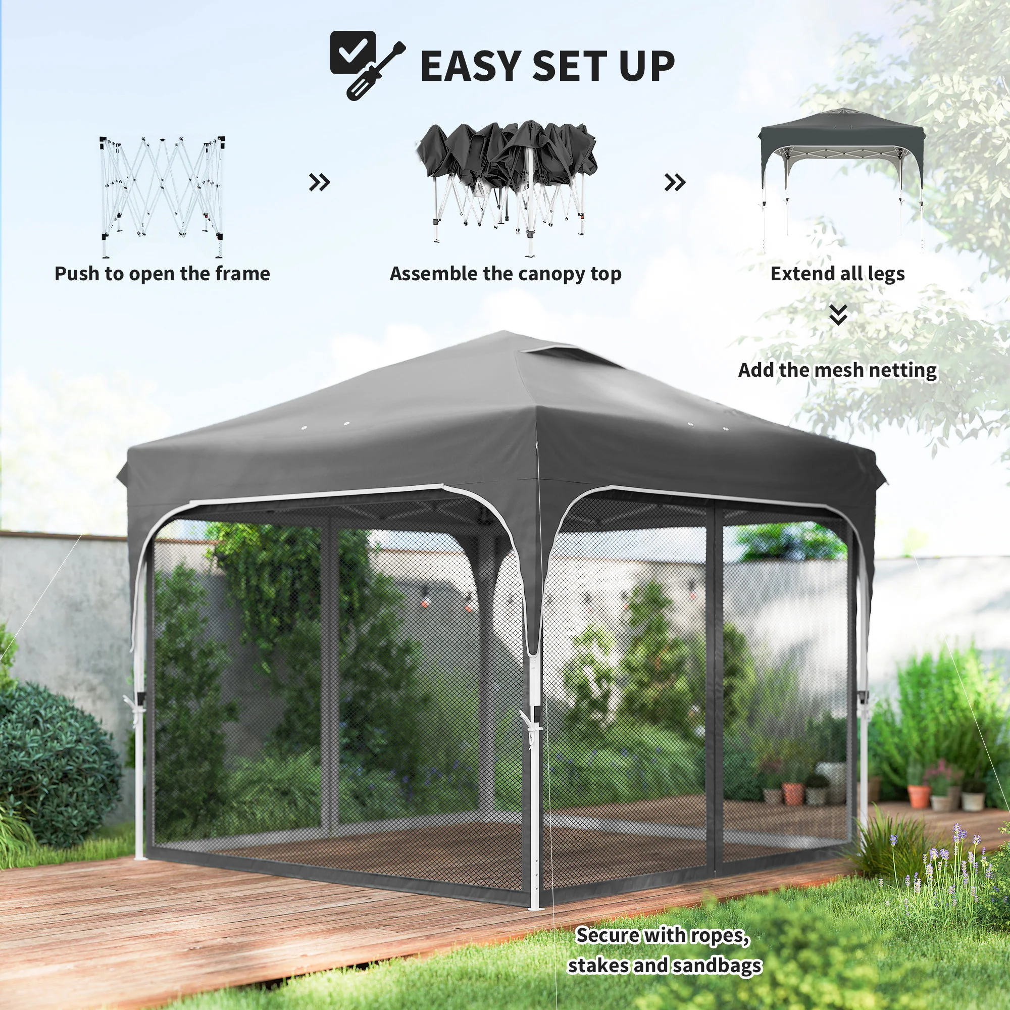 10 x 10 ft Pop Up Canopy Tent with Mosquito Netting and Sandbags, Dark Grey - Image 6