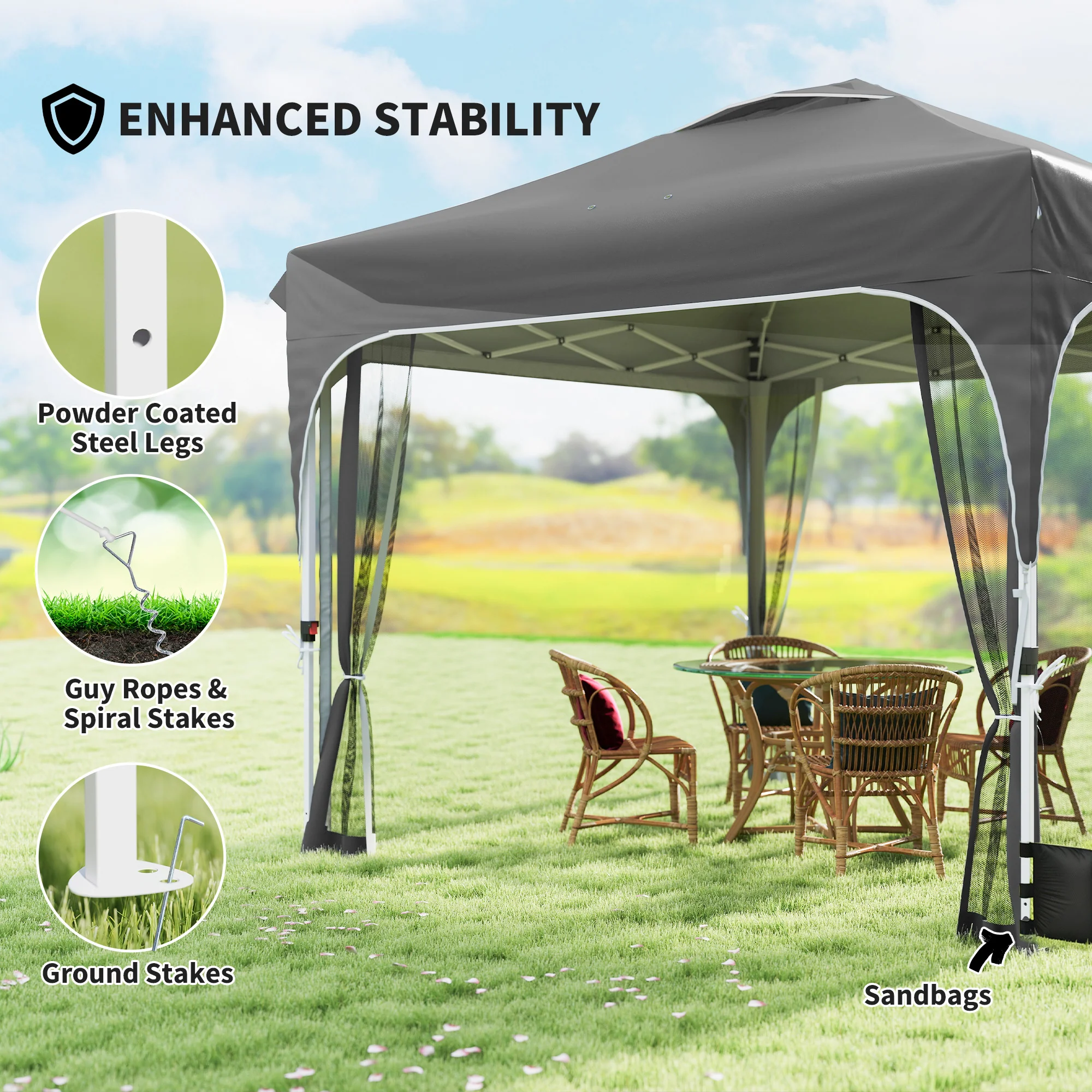 10 x 10 ft Pop Up Canopy Tent with Mosquito Netting and Sandbags, Dark Grey - Image 9