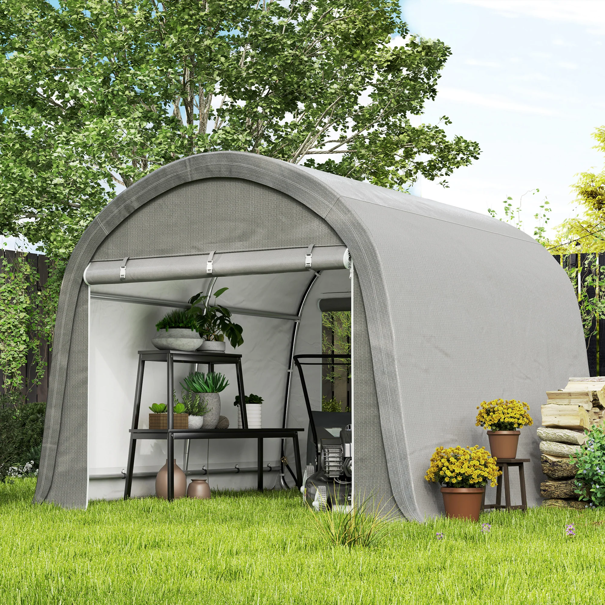 10' x 10' Heavy Duty Garden Storage Tent with Galvanized Frame, Light Grey - Image 4