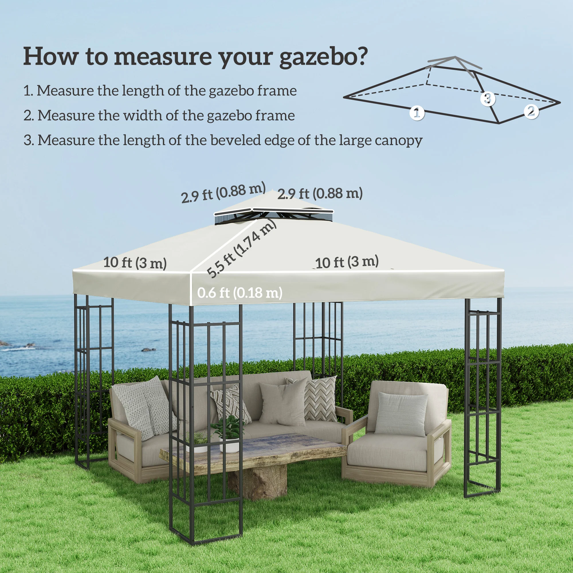 10' x 10' 2-Tier Gazebo Replacement Canopy Top Cover in Light Grey - Image 5