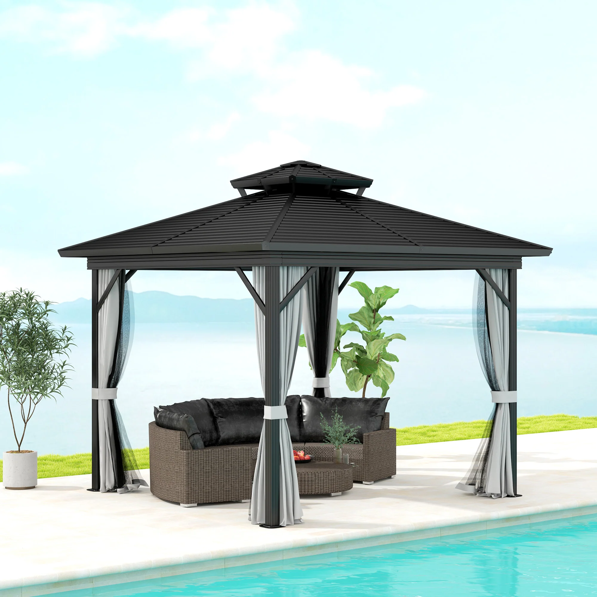 10' x 10' Hardtop Gazebo with Double Roof & Mosquito Netting, Light Grey - Image 3