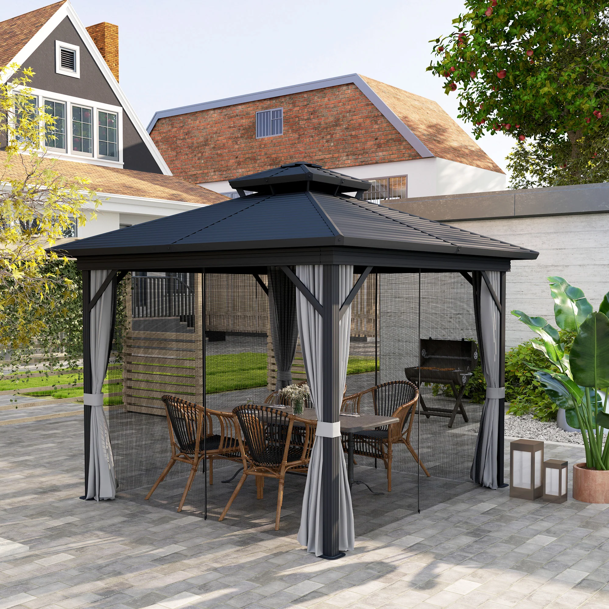 10' x 10' Hardtop Gazebo with Double Roof & Mosquito Netting, Light Grey - Image 4