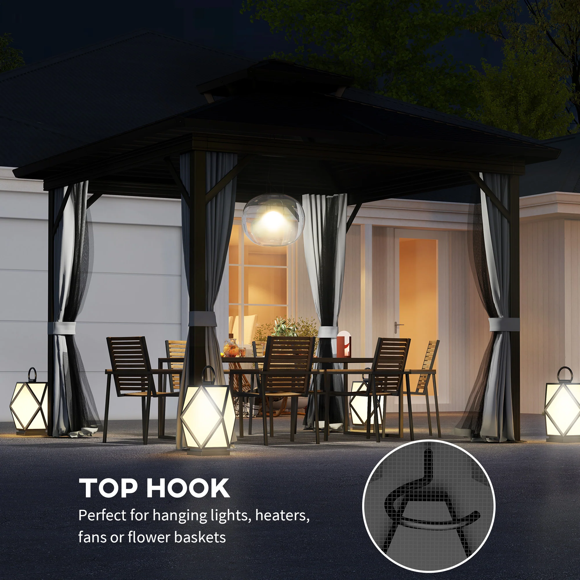 10' x 10' Hardtop Gazebo with Double Roof & Mosquito Netting, Light Grey - Image 7