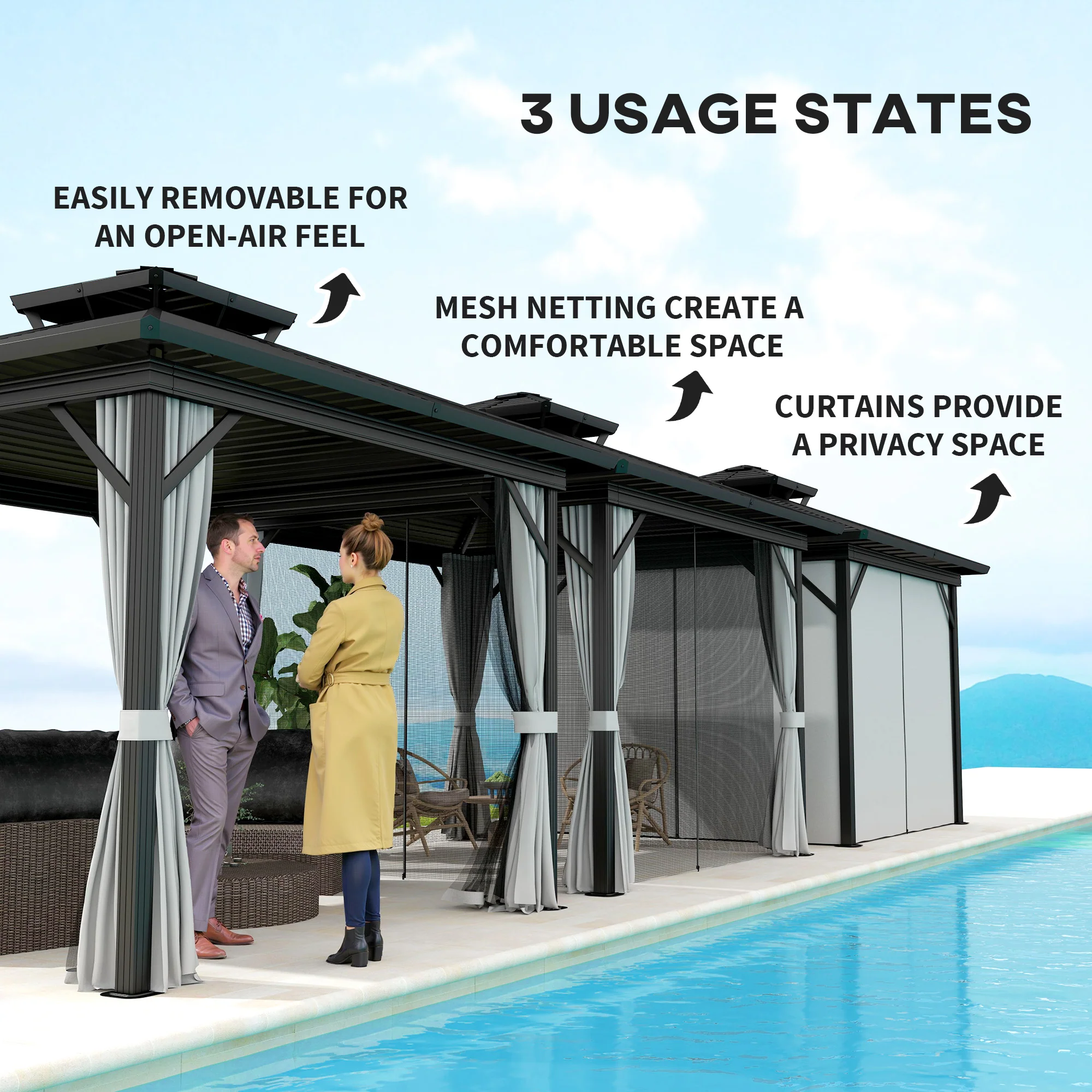 10' x 10' Hardtop Gazebo with Double Roof & Mosquito Netting, Light Grey - Image 9
