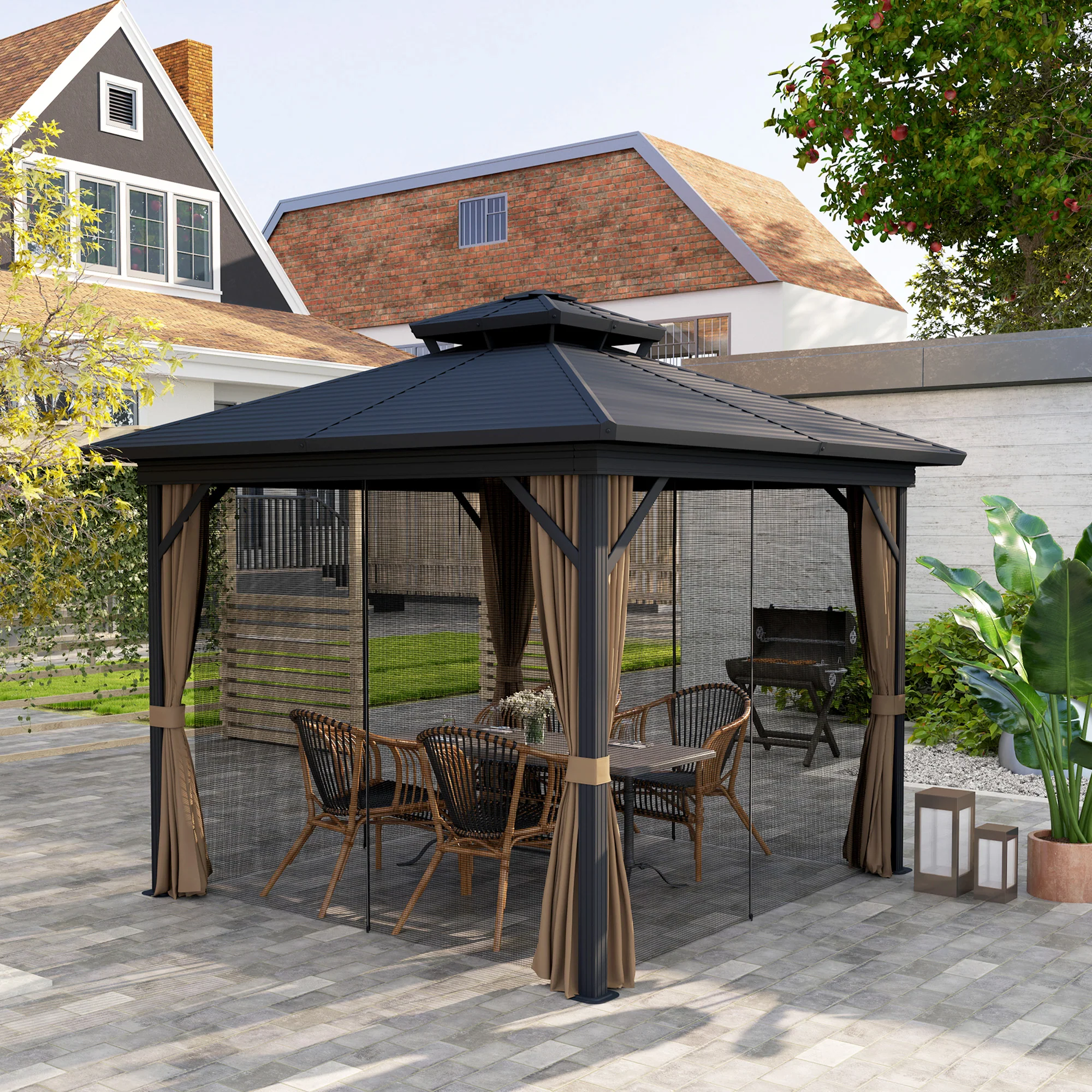 10' x 10' Hardtop Gazebo with Double Roof & Mosquito Netting, Dark Brown - Image 4