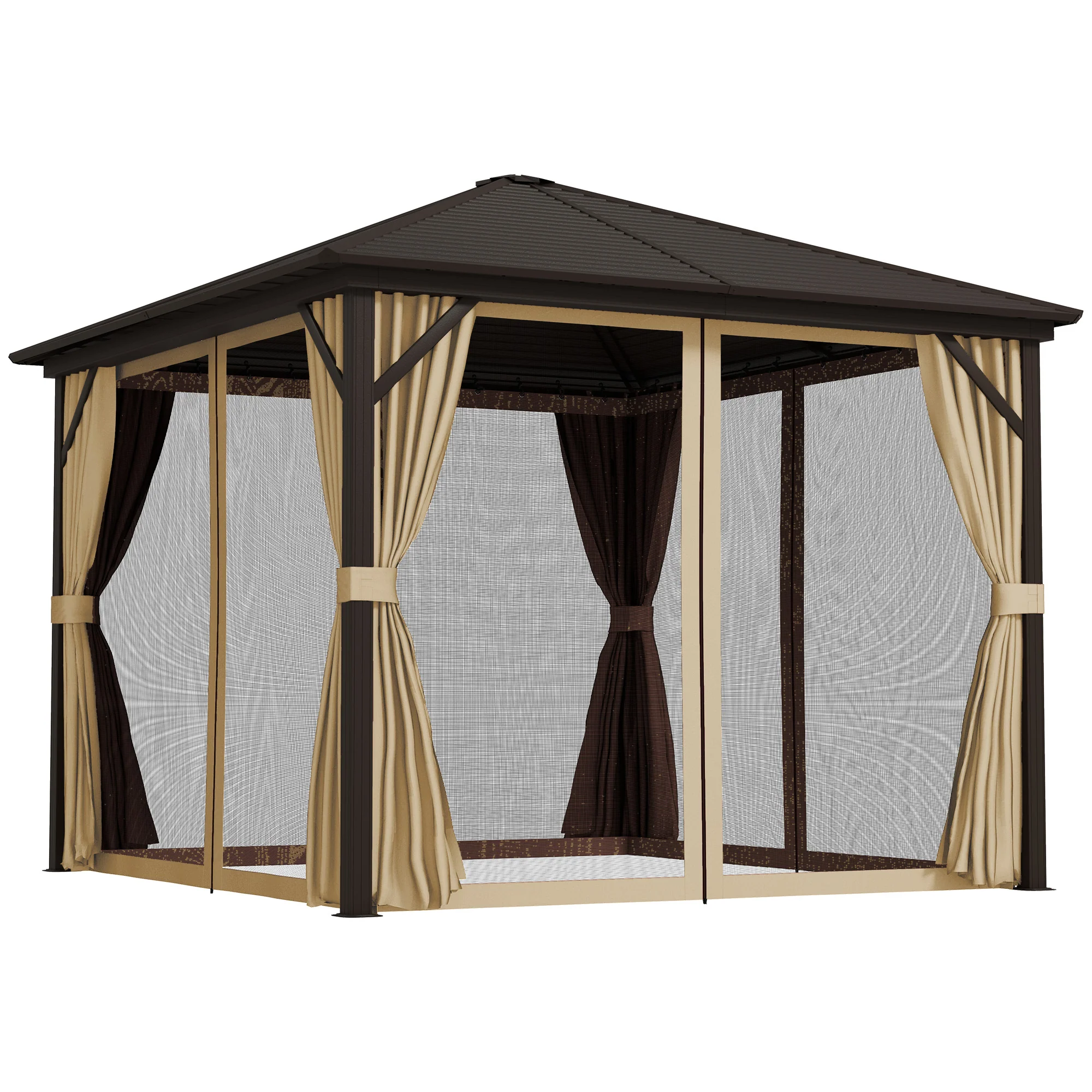 10' x 10' Hardtop Gazebo with Mosquito Netting & Aluminum Frame, Brown - Image 12