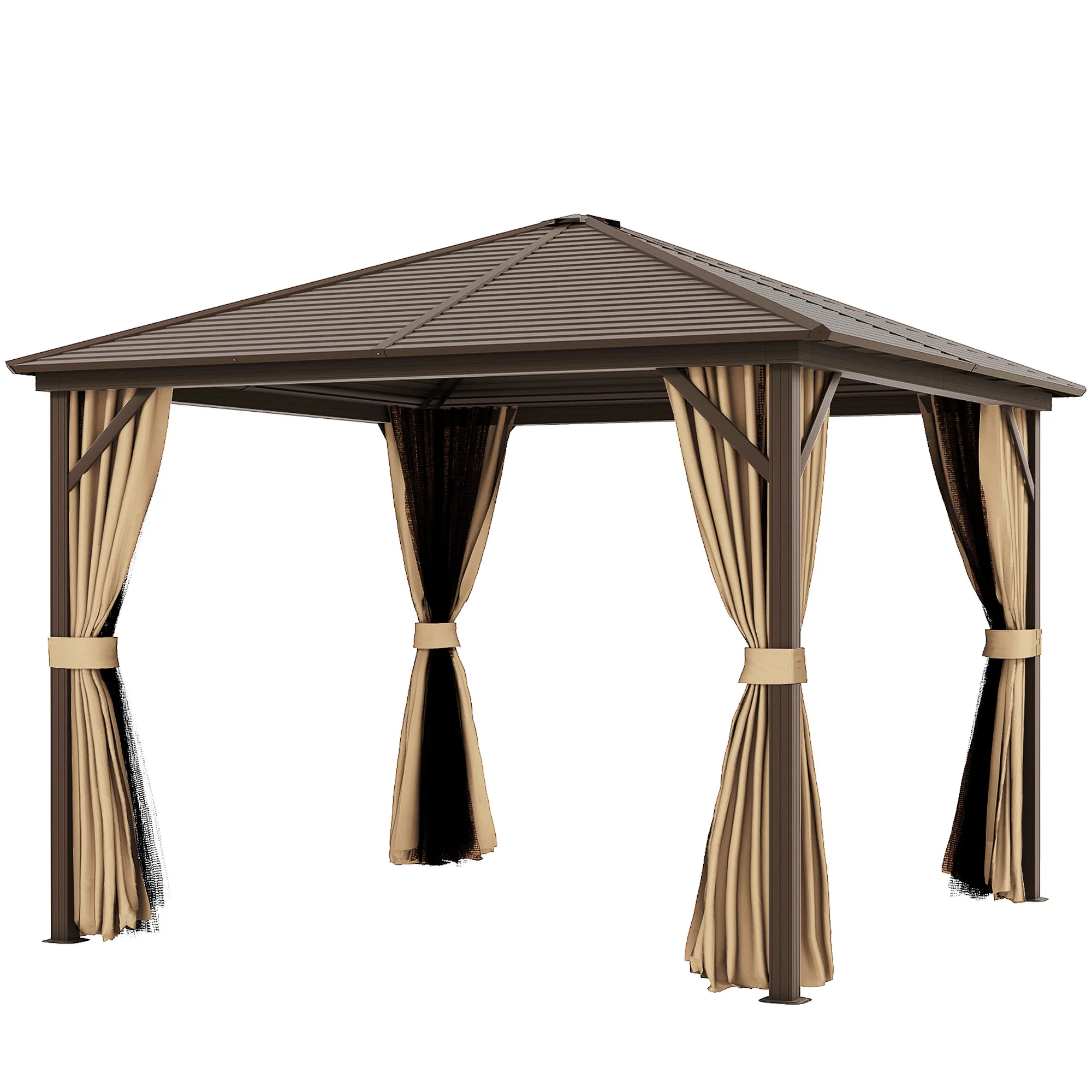 10' x 10' Hardtop Gazebo with Mosquito Netting & Aluminum Frame, Brown - Image 2