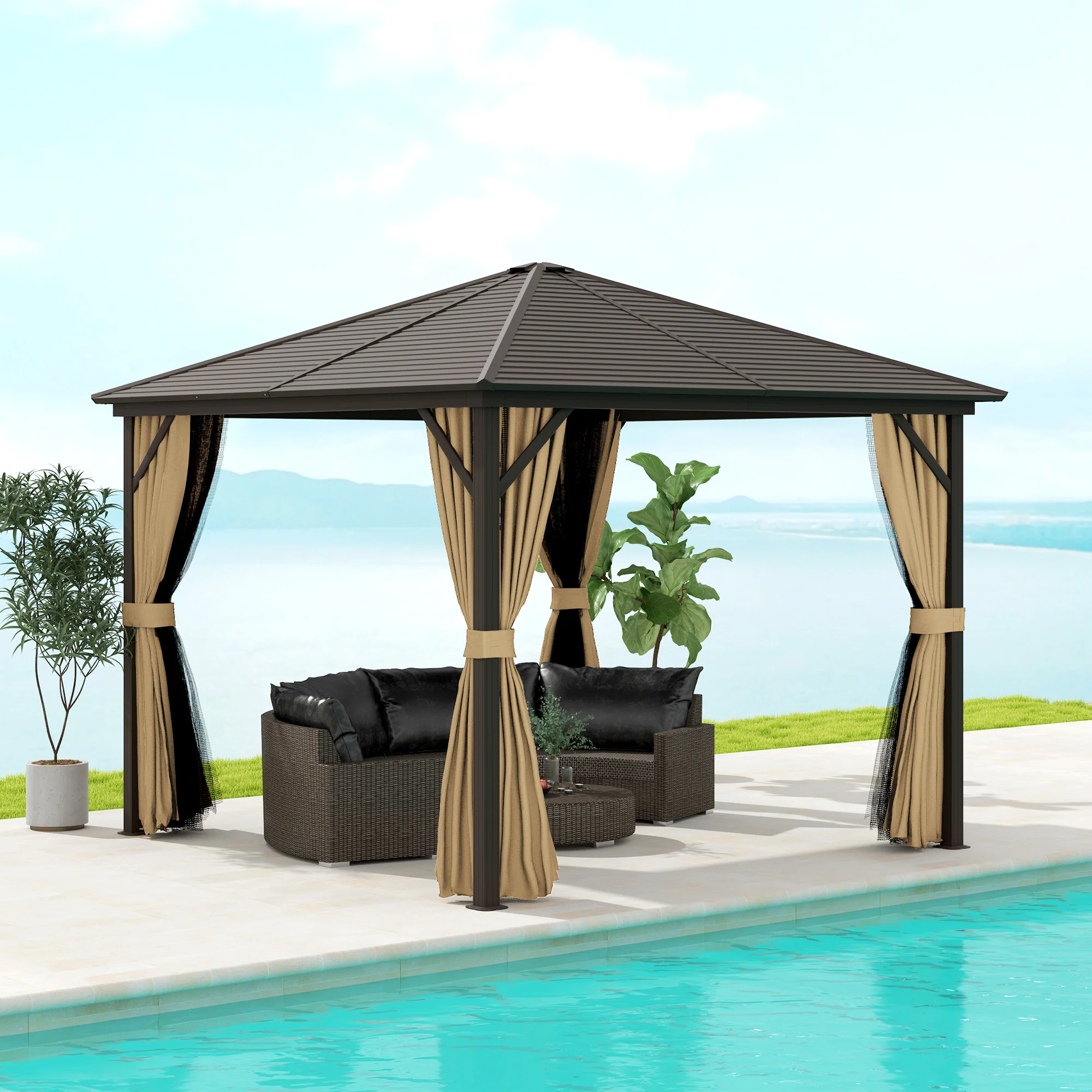 10' x 10' Hardtop Gazebo with Mosquito Netting & Aluminum Frame, Brown - Image 3