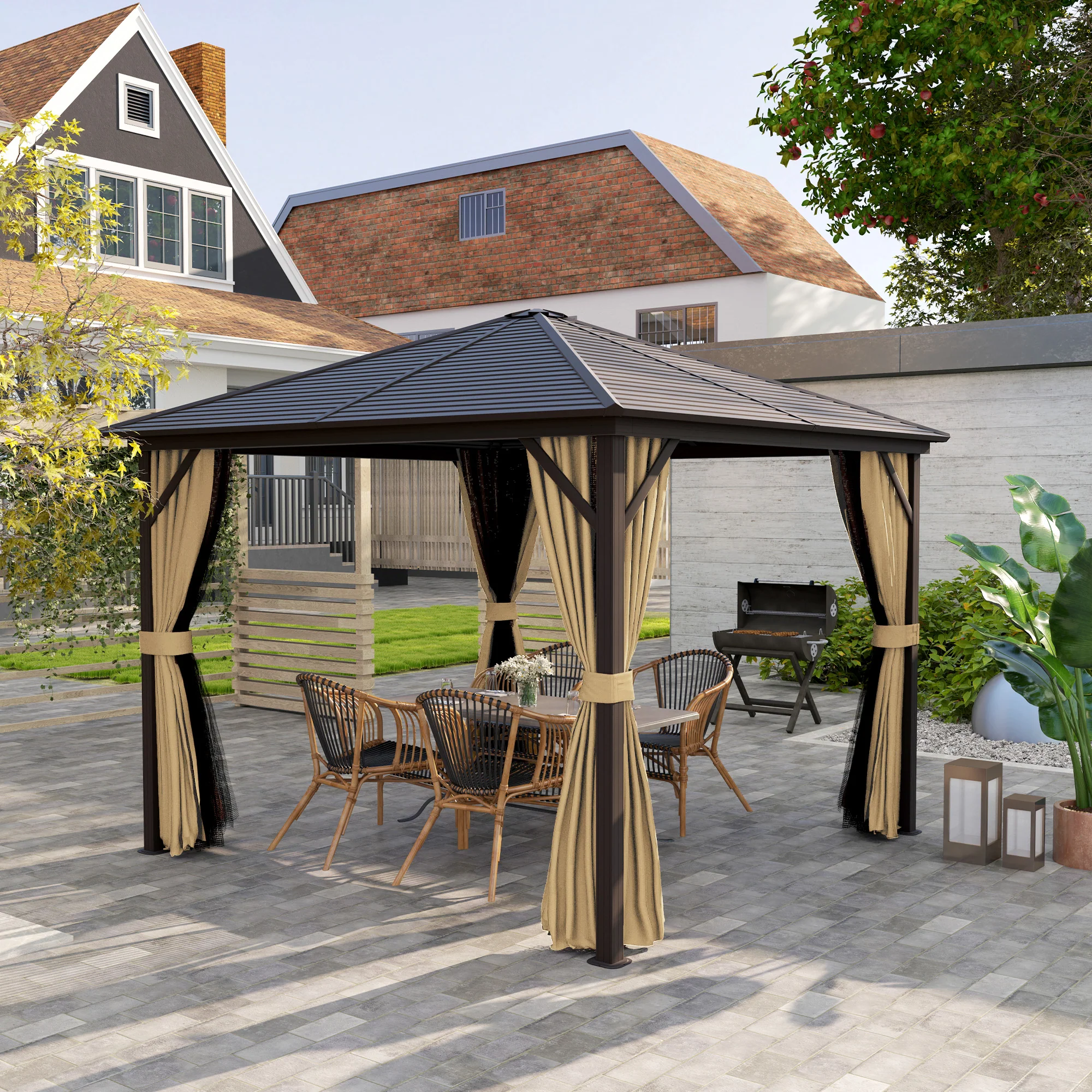 10' x 10' Hardtop Gazebo with Mosquito Netting & Aluminum Frame, Brown - Image 4