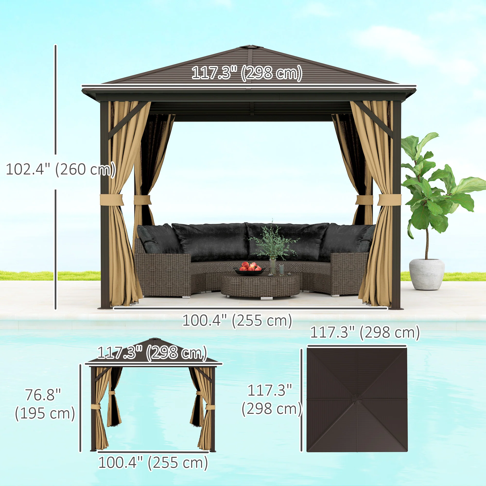 10' x 10' Hardtop Gazebo with Mosquito Netting & Aluminum Frame, Brown - Image 5