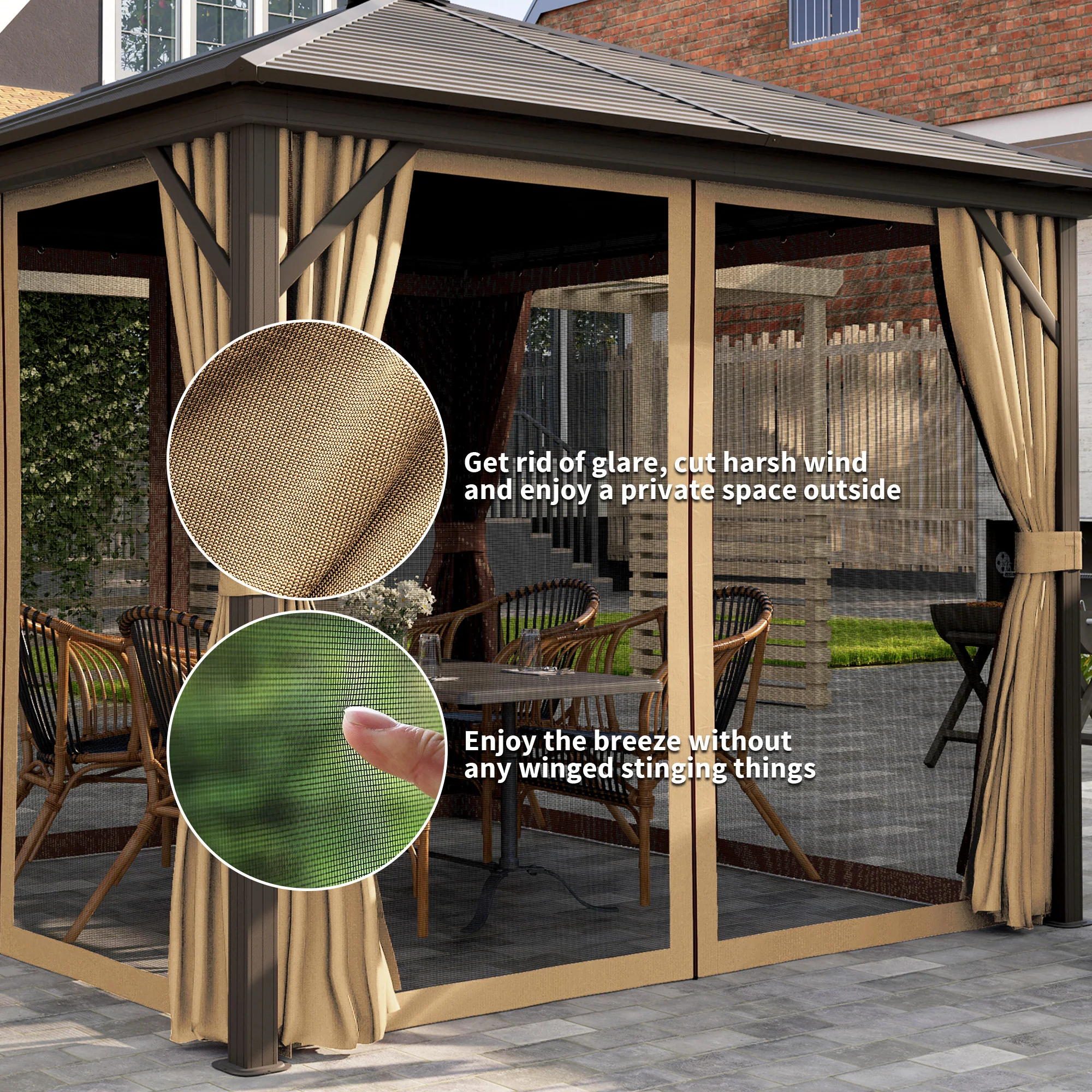 10' x 10' Hardtop Gazebo with Mosquito Netting & Aluminum Frame, Brown - Image 7
