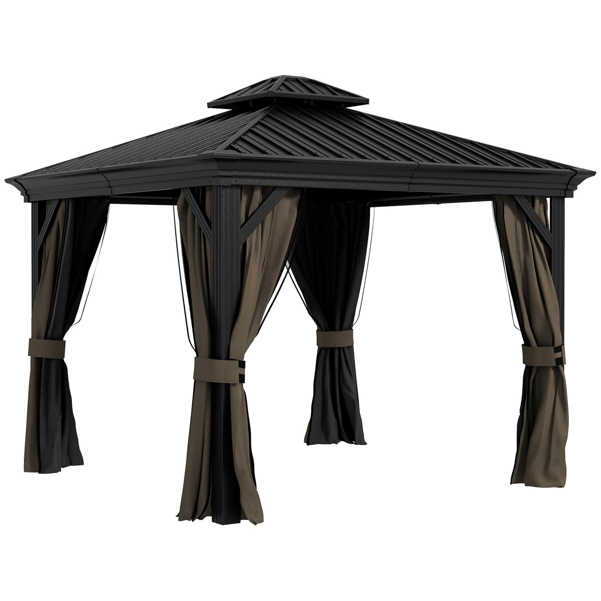 10' x 10' Hardtop Gazebo with Curtains and Netting, Dark Brown - Image 12