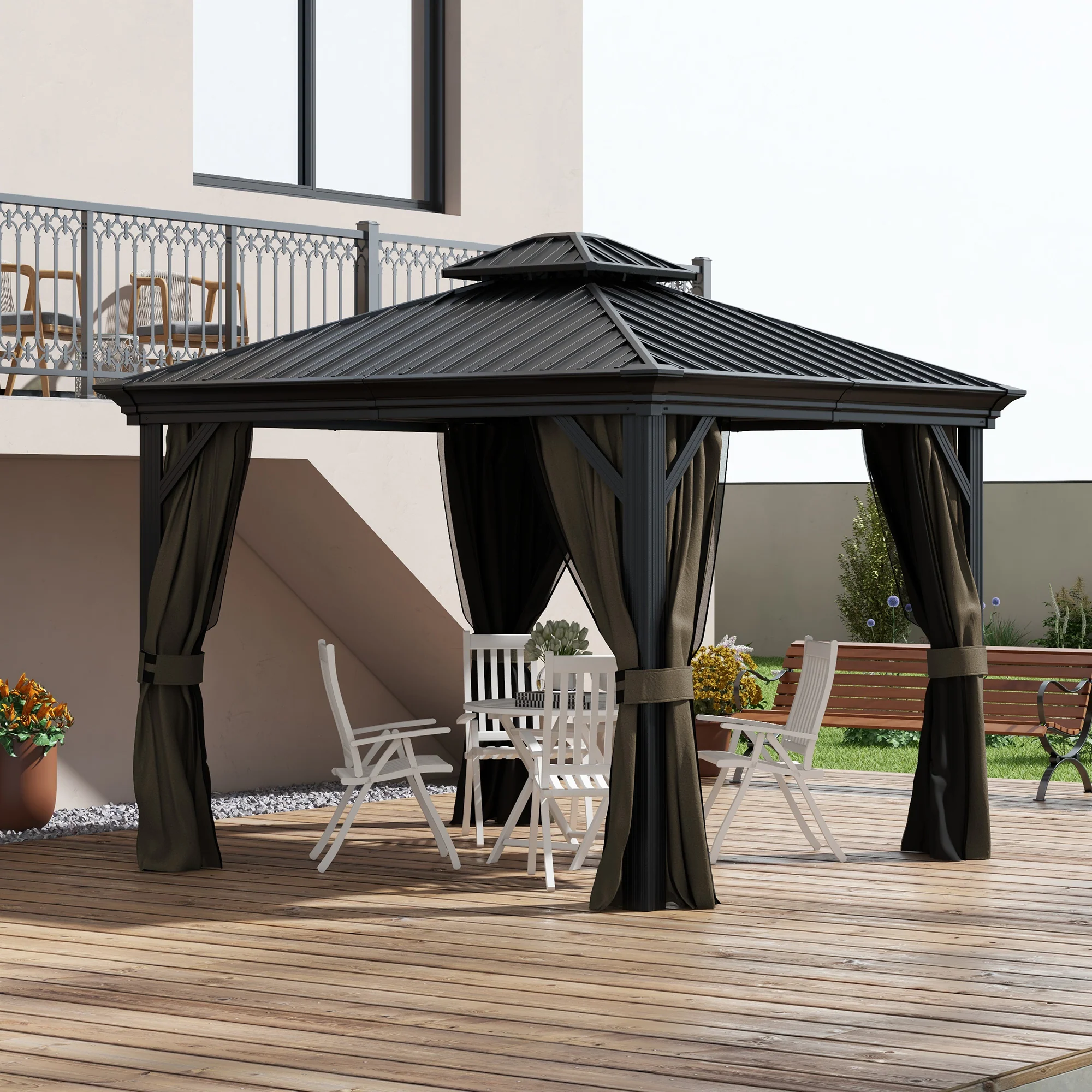 10' x 10' Hardtop Gazebo with Curtains and Netting, Dark Brown - Image 3