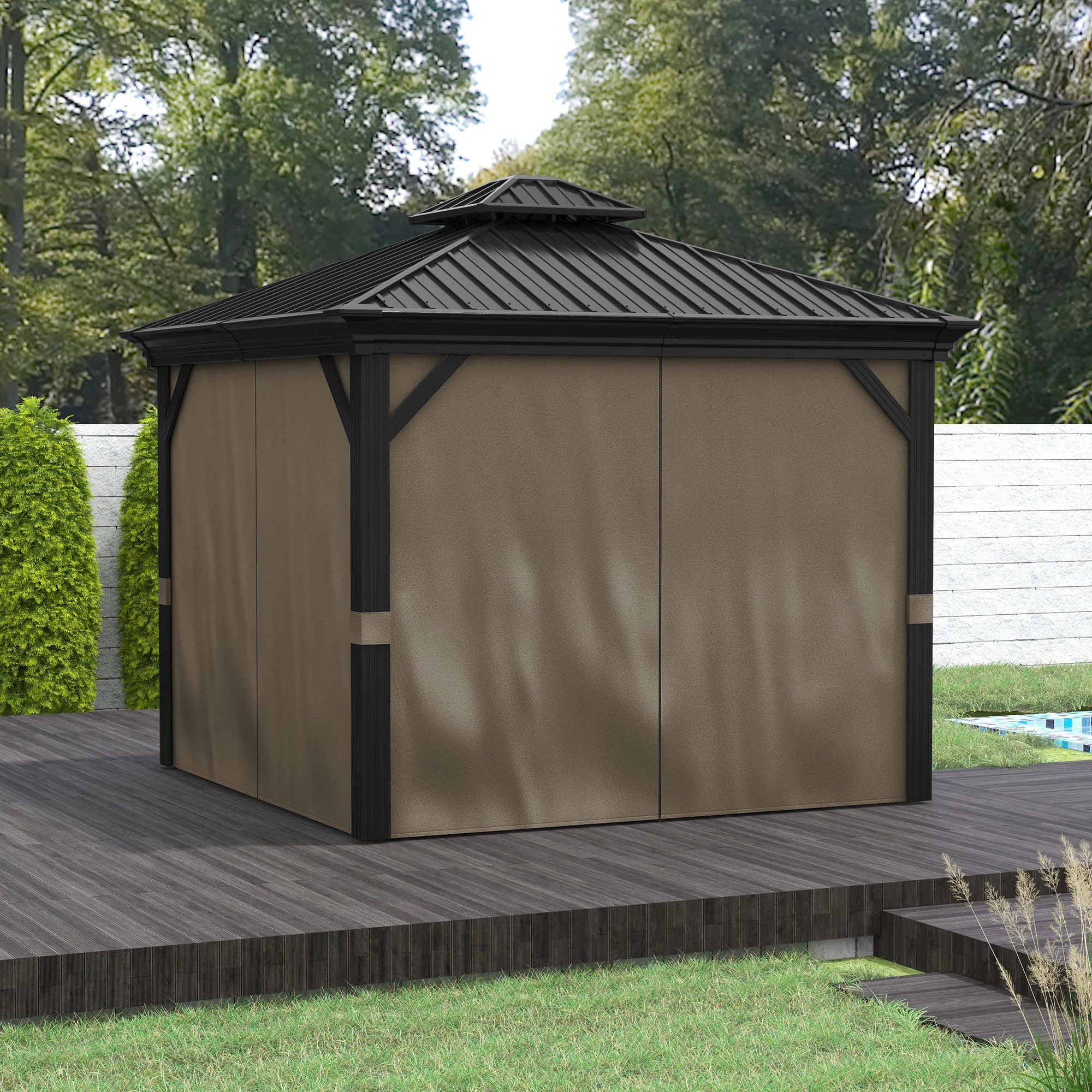 10' x 10' Hardtop Gazebo with Curtains and Netting, Dark Brown - Image 4