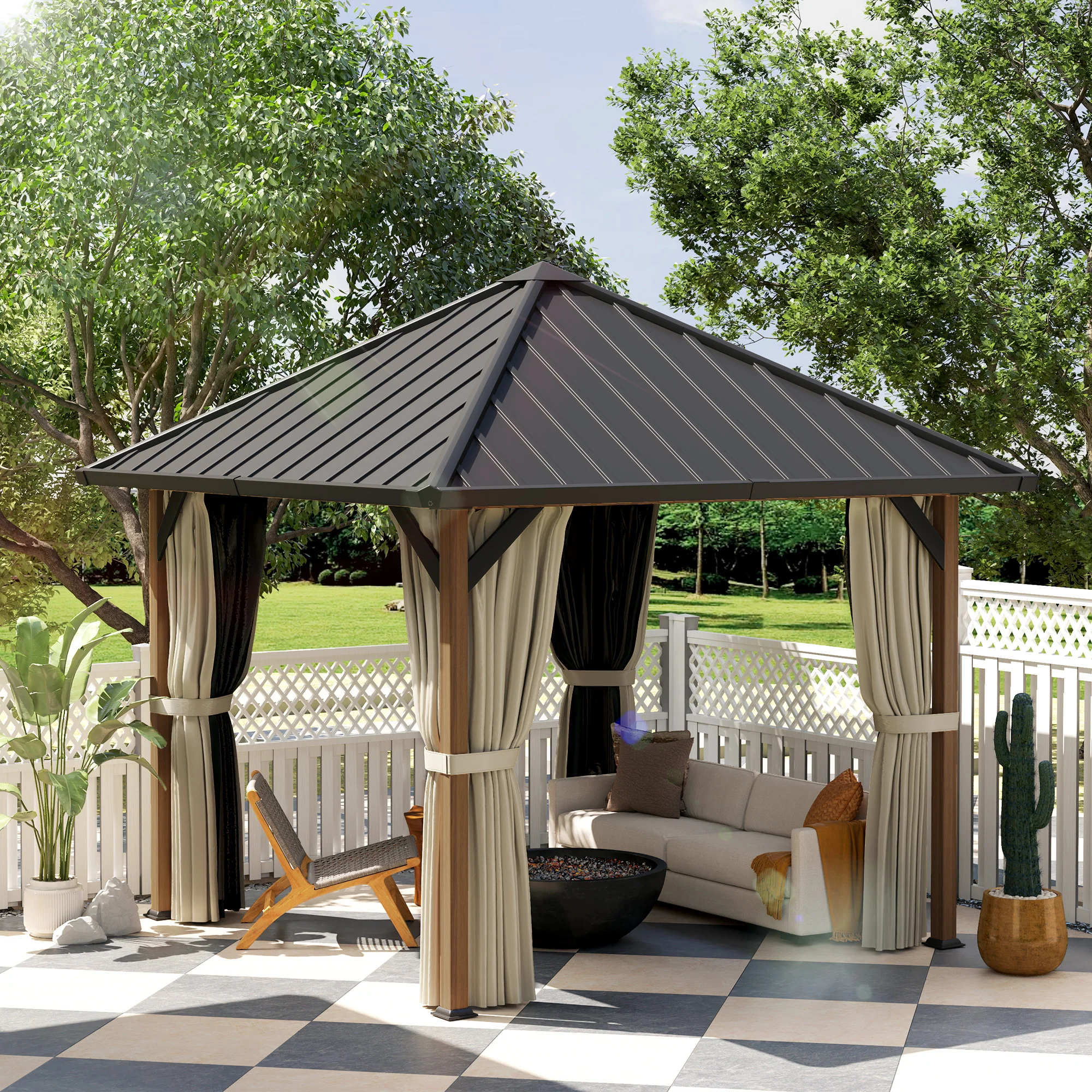 10' x 10' Hardtop Gazebo with Steel Roof & Netting, Wood Finish - Image 3