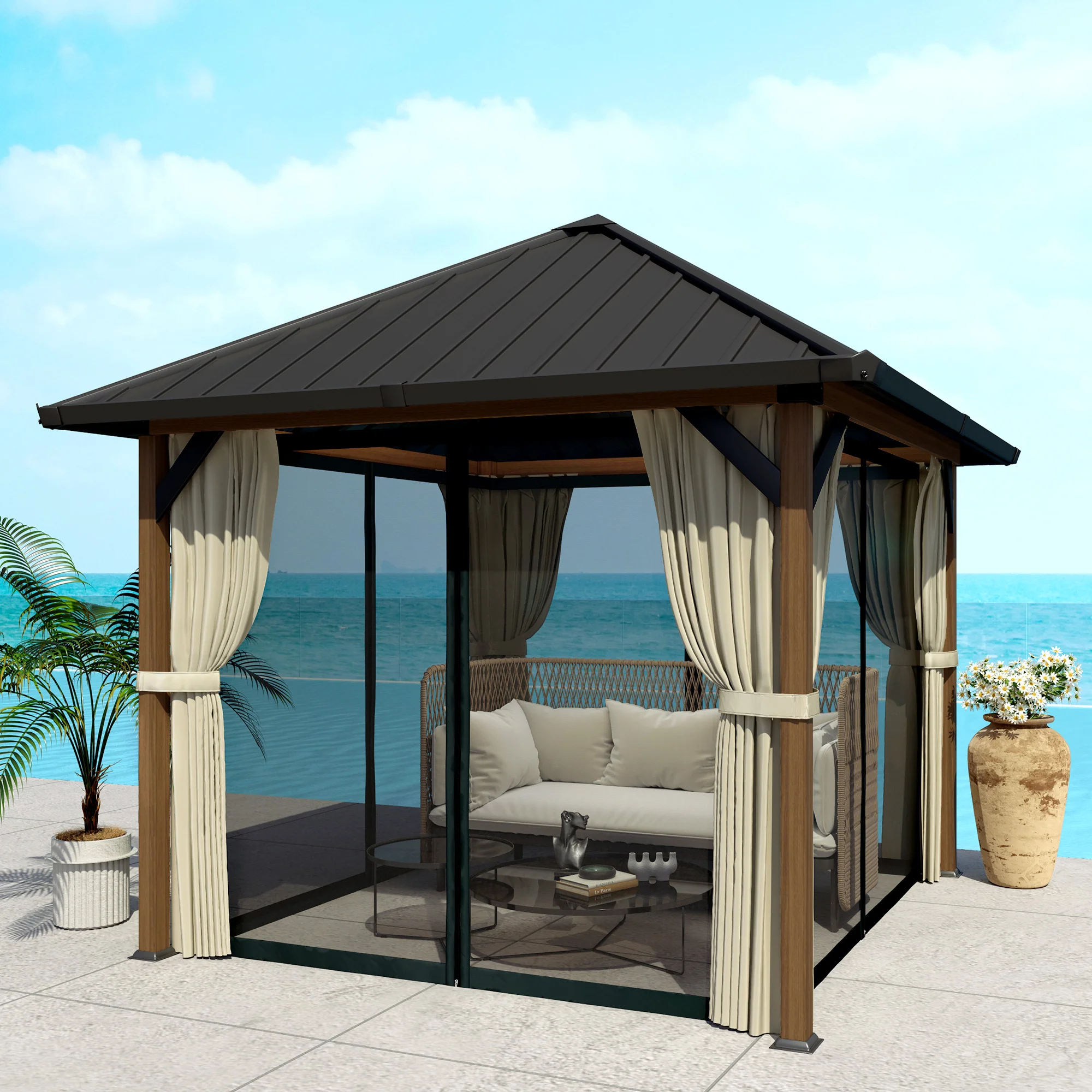 10' x 10' Hardtop Gazebo with Steel Roof & Netting, Wood Finish - Image 4