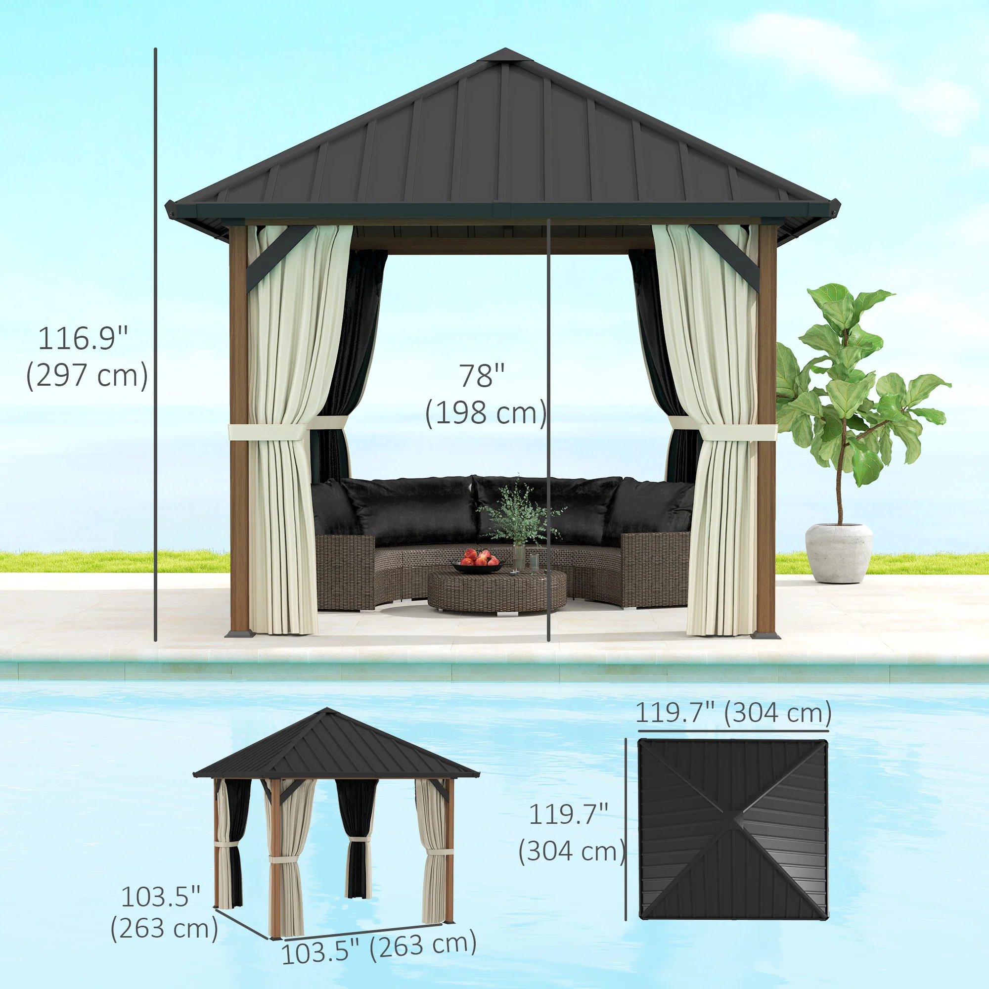 10' x 10' Hardtop Gazebo with Steel Roof & Netting, Wood Finish - Image 5