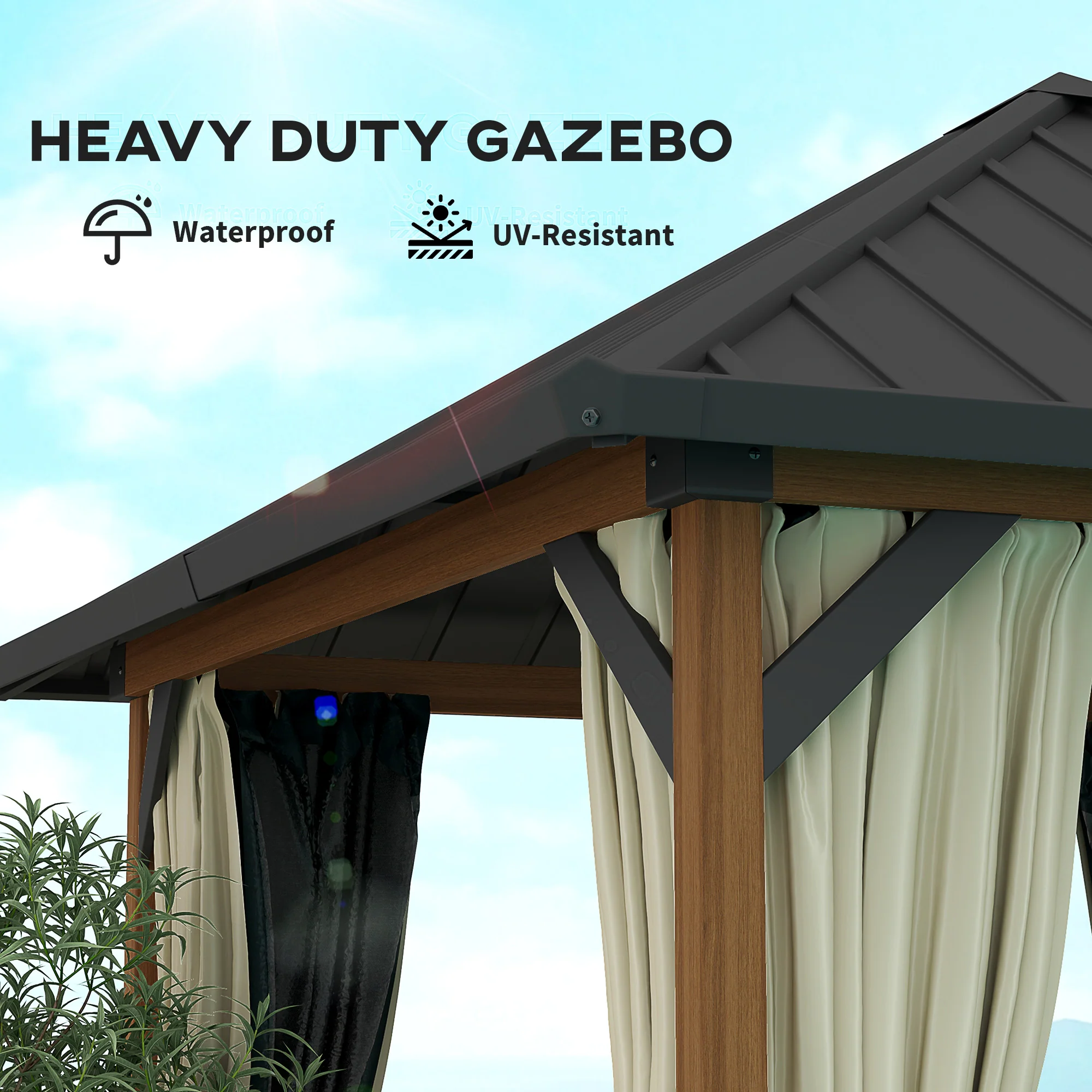 10' x 10' Hardtop Gazebo with Steel Roof & Netting, Wood Finish - Image 6