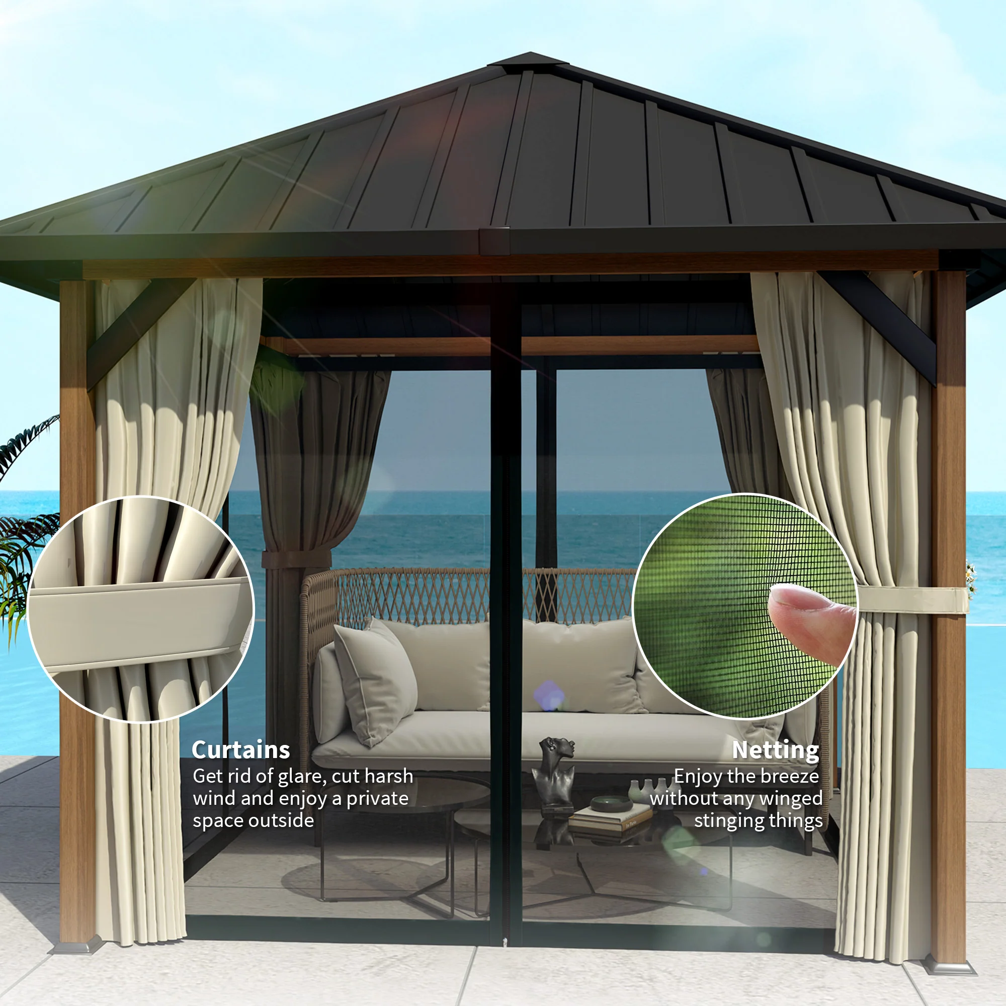10' x 10' Hardtop Gazebo with Steel Roof & Netting, Wood Finish - Image 9