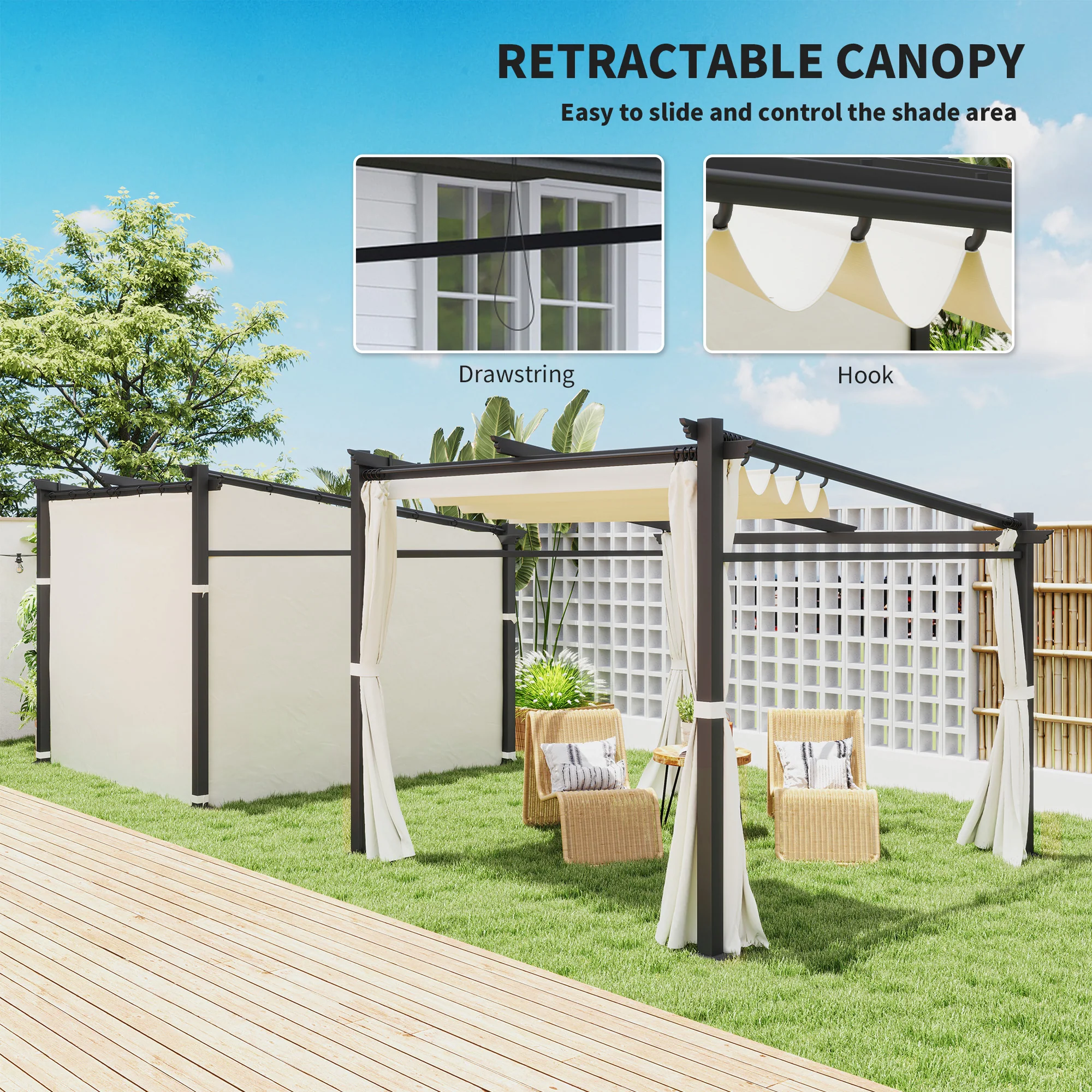 10' x 10' Metal Pergola with Sliding Roof Canopy, Beige - Image 7
