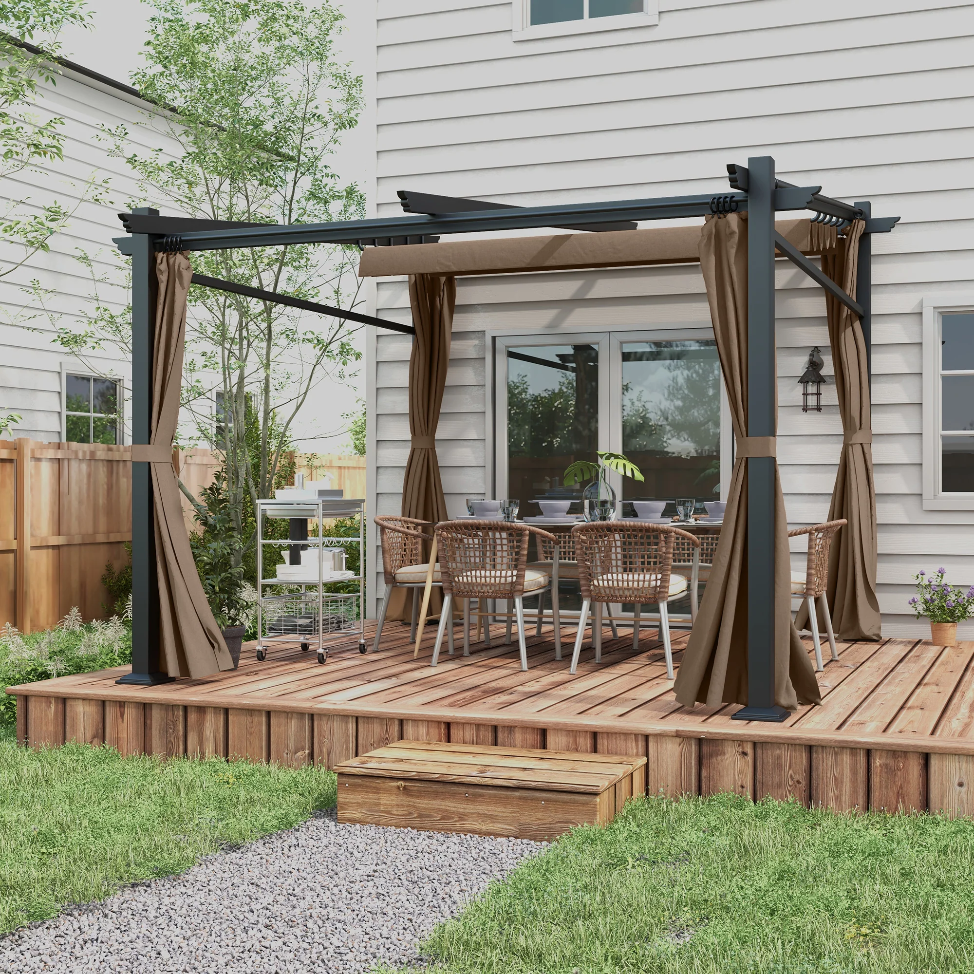 10' x 10' Metal Pergola with Sliding Roof Canopy, Coffee - Image 3