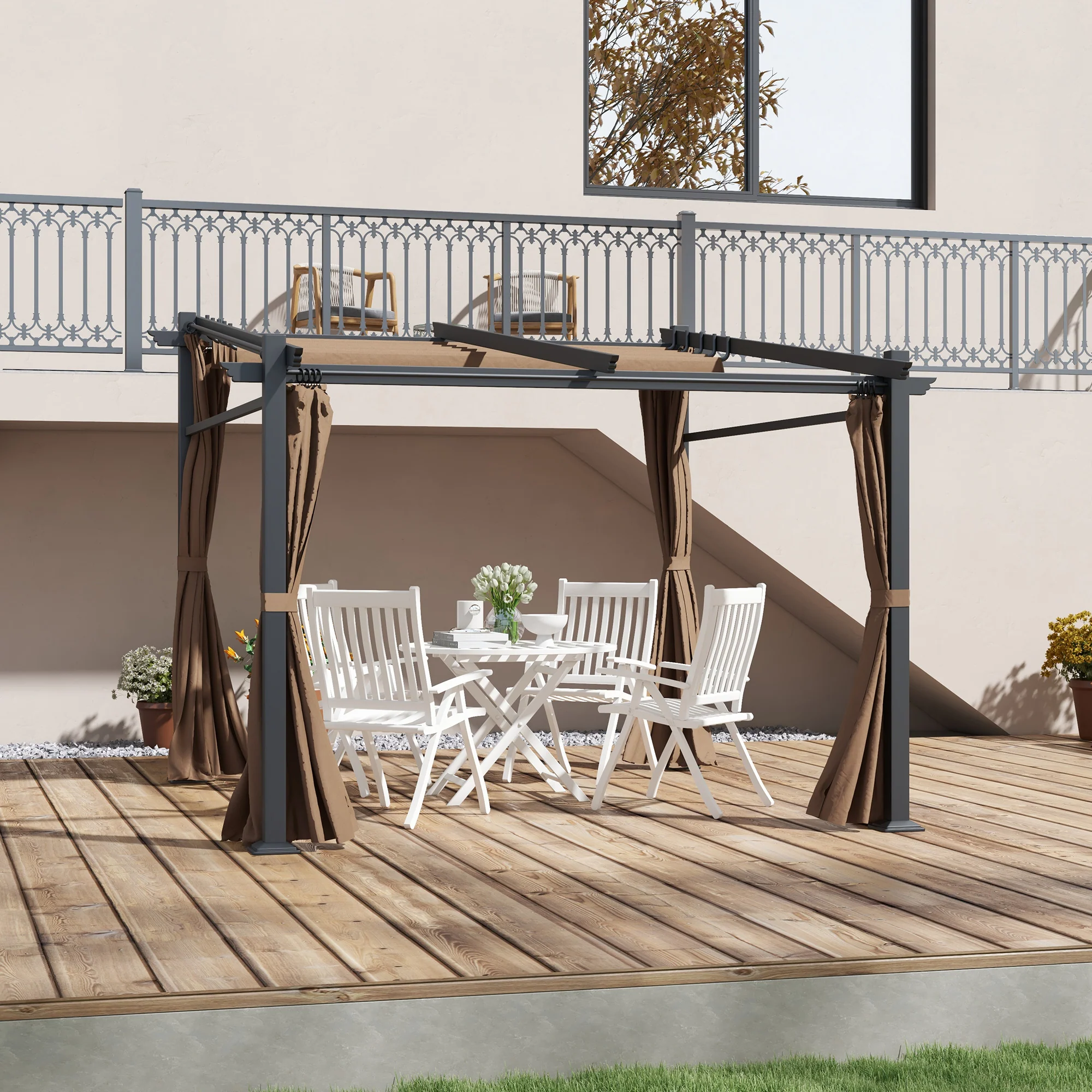 10' x 10' Metal Pergola with Sliding Roof Canopy, Coffee - Image 4