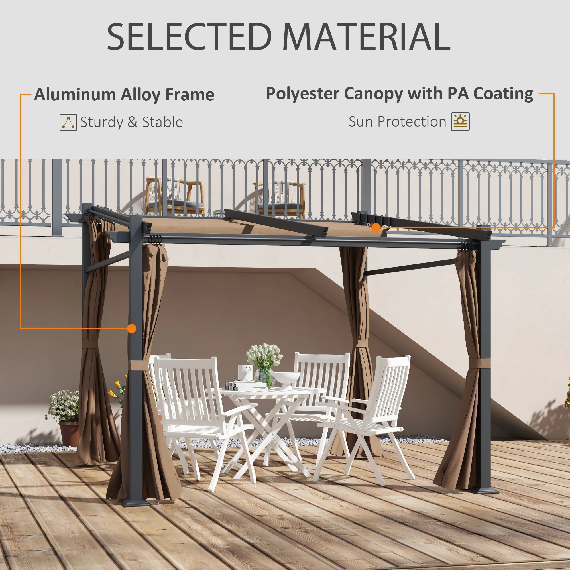 10' x 10' Metal Pergola with Sliding Roof Canopy, Coffee - Image 6