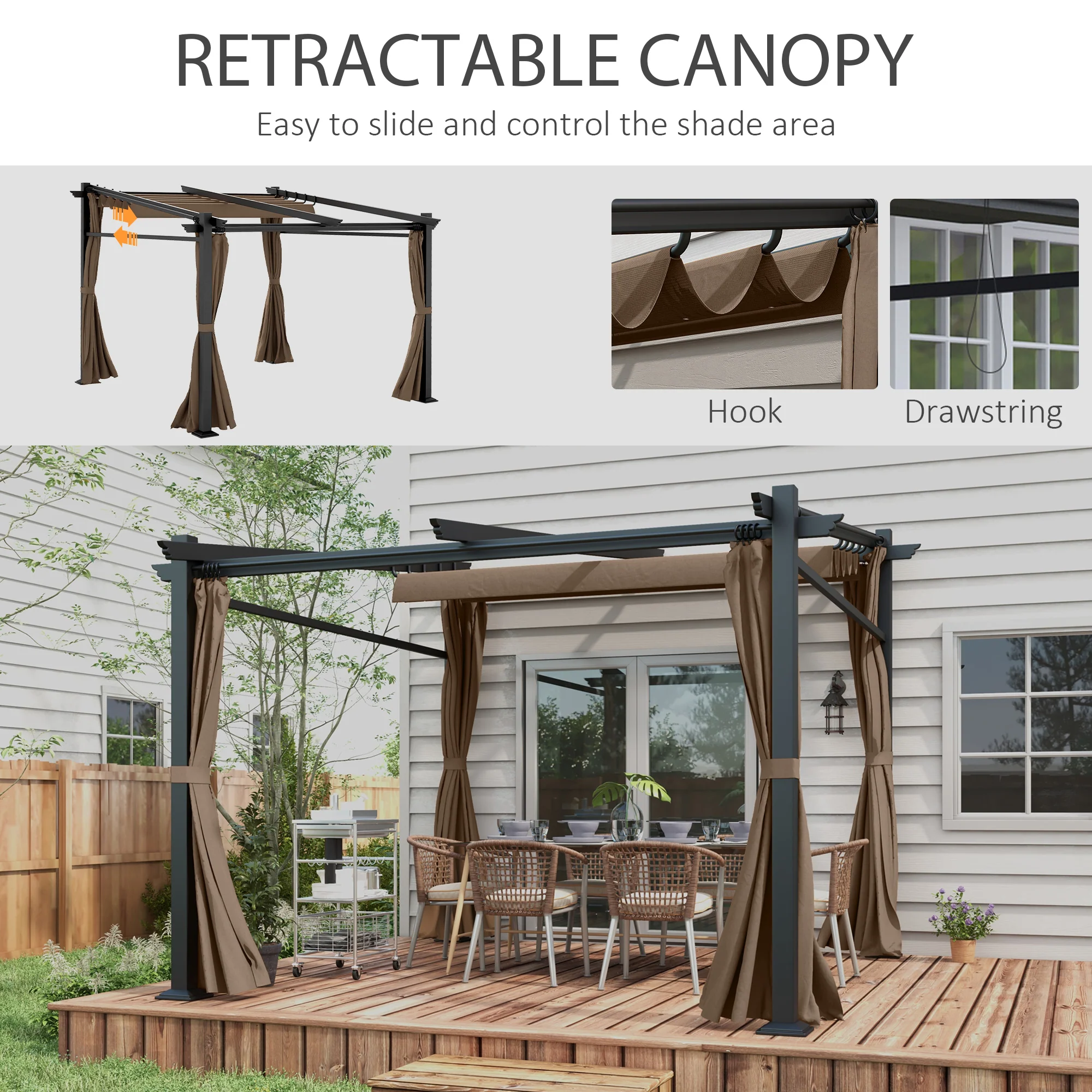 10' x 10' Metal Pergola with Sliding Roof Canopy, Coffee - Image 7