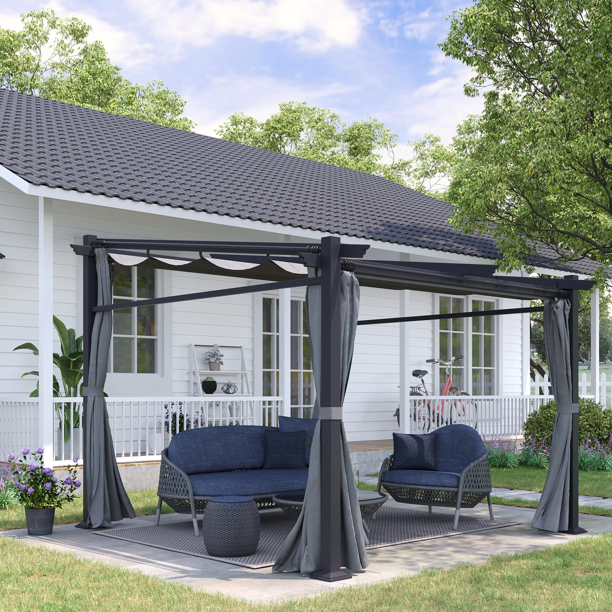 10' x 13' Metal Pergola with Sliding Roof Canopy, Dark Grey - Image 3