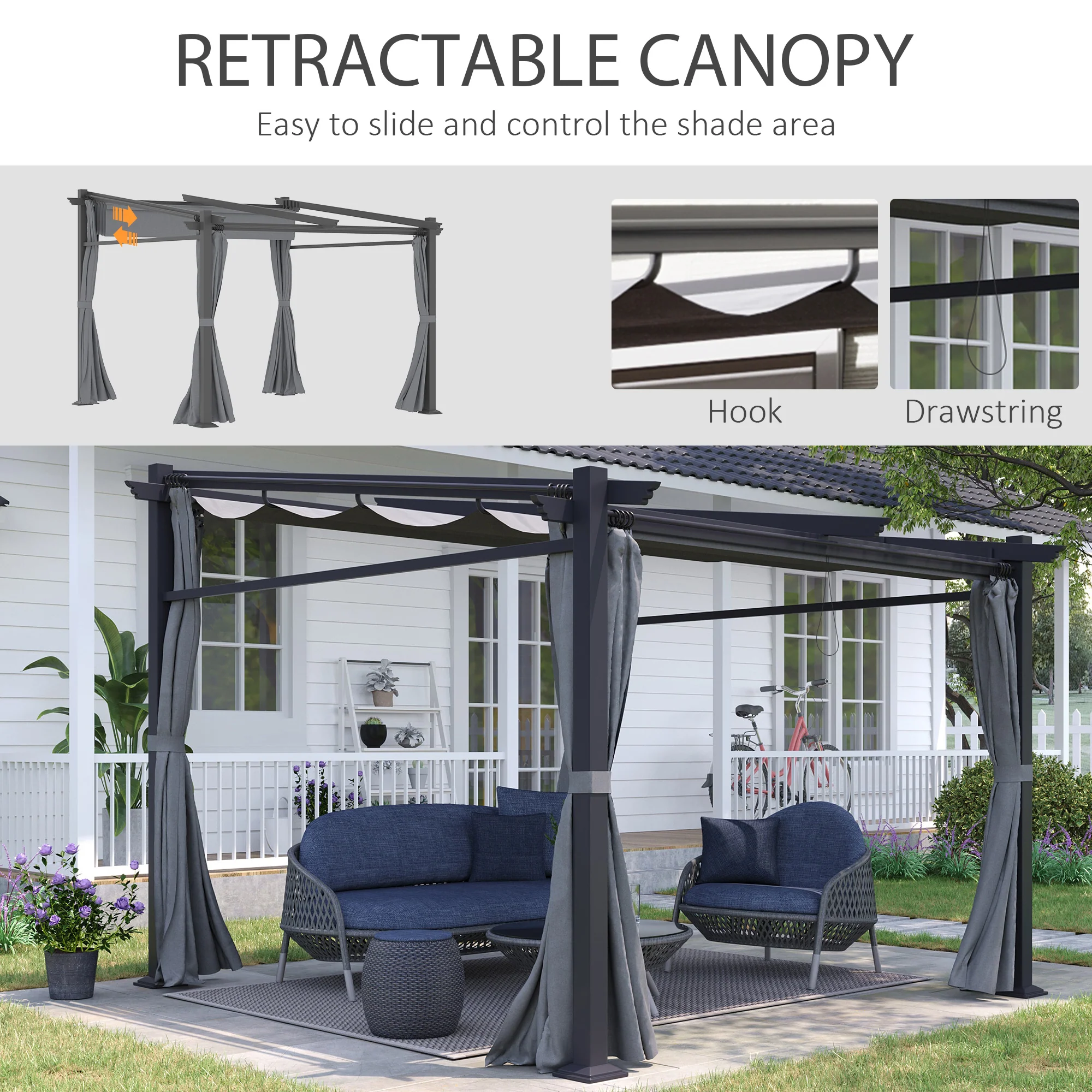 10' x 13' Metal Pergola with Sliding Roof Canopy, Dark Grey - Image 7