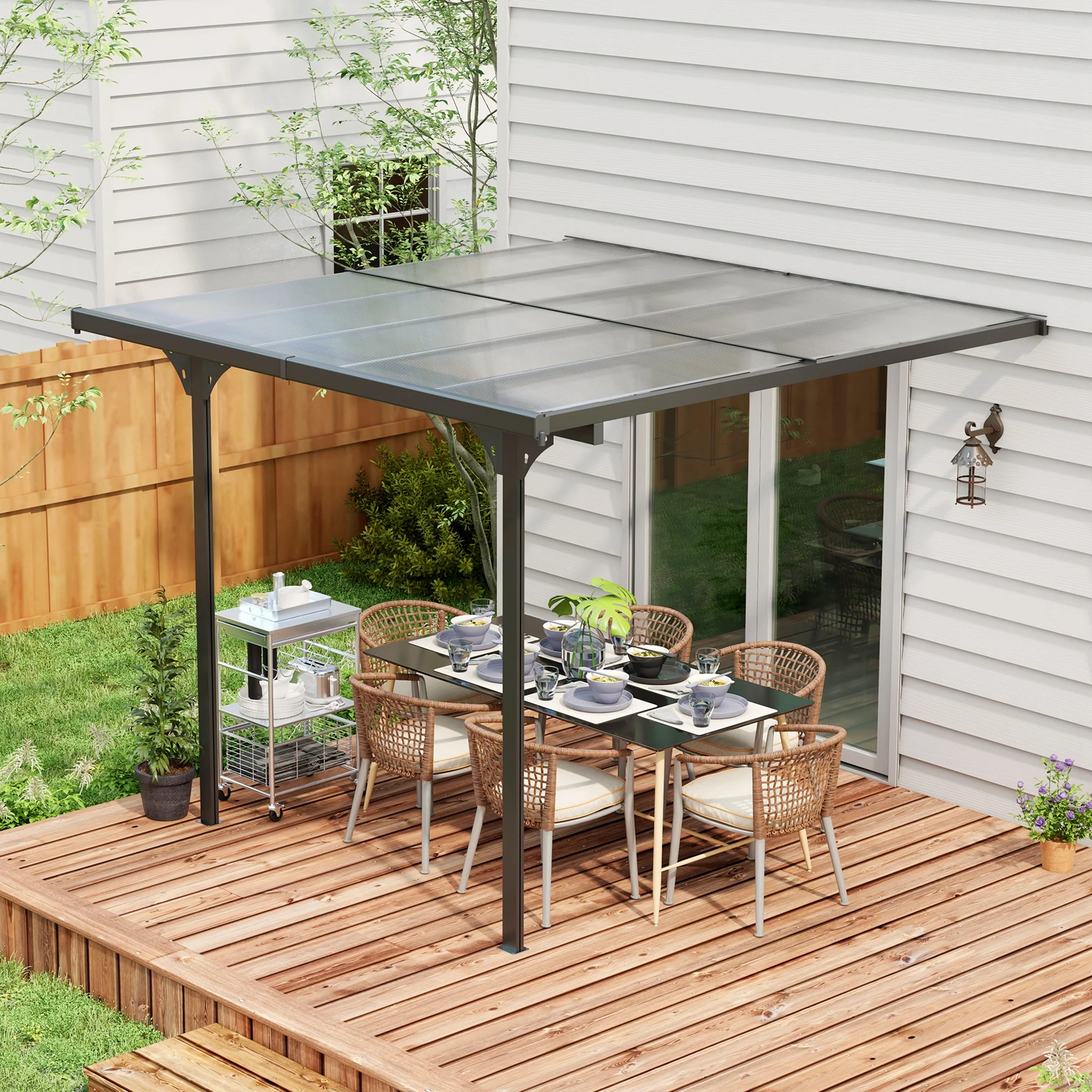 10' x 10' Outdoor Lean to Hardtop Pergola with Polycarbonate Roof & Adjustable Height, Grey - Image 3