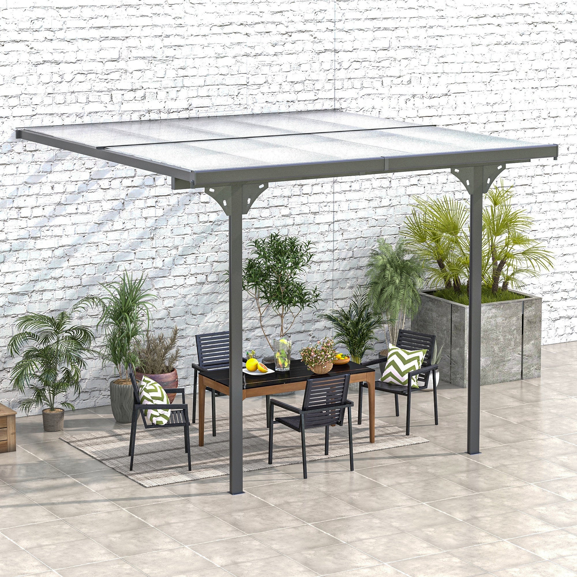 10' x 10' Outdoor Lean to Hardtop Pergola with Polycarbonate Roof & Adjustable Height, Grey - Image 4