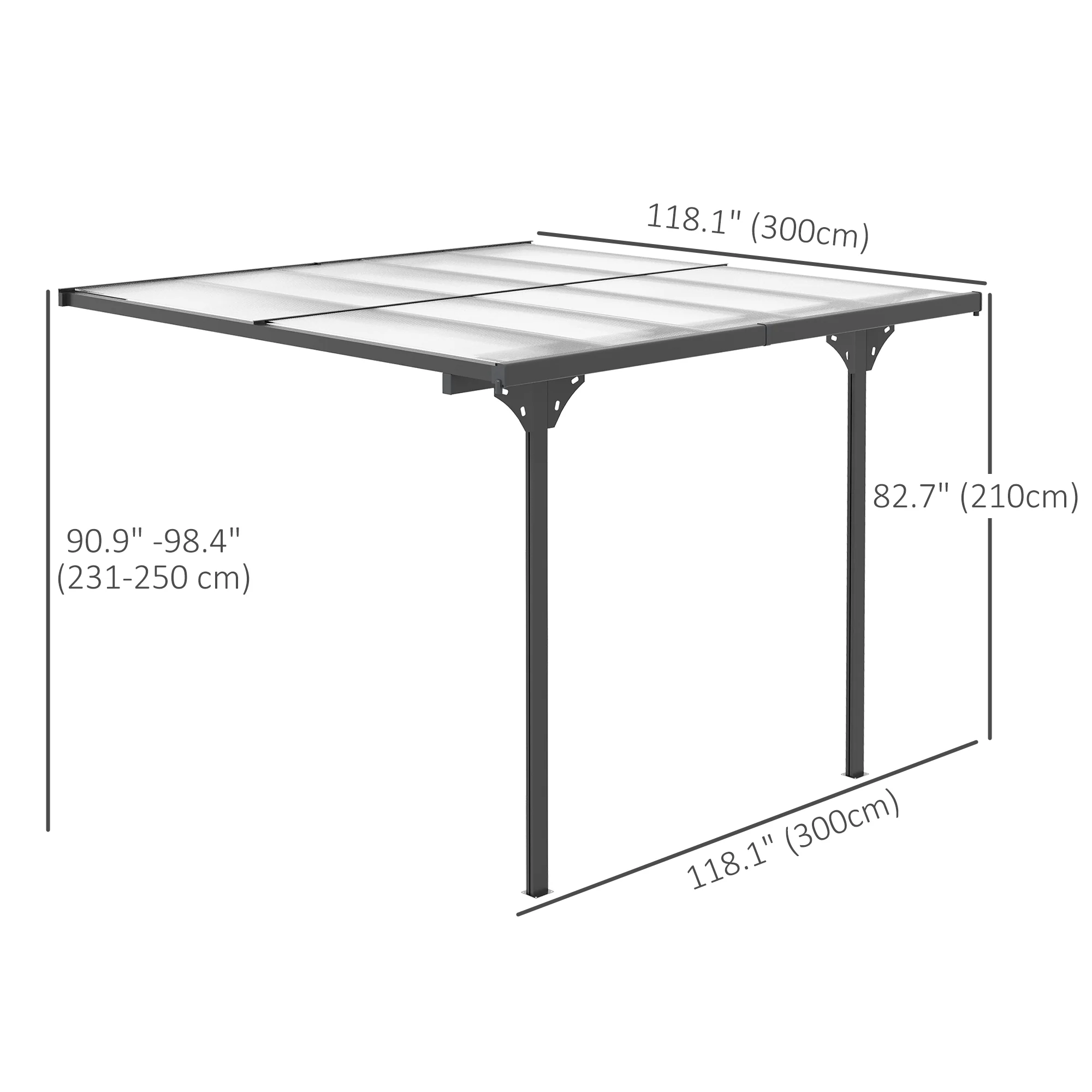 10' x 10' Outdoor Lean to Hardtop Pergola with Polycarbonate Roof & Adjustable Height, Grey - Image 5