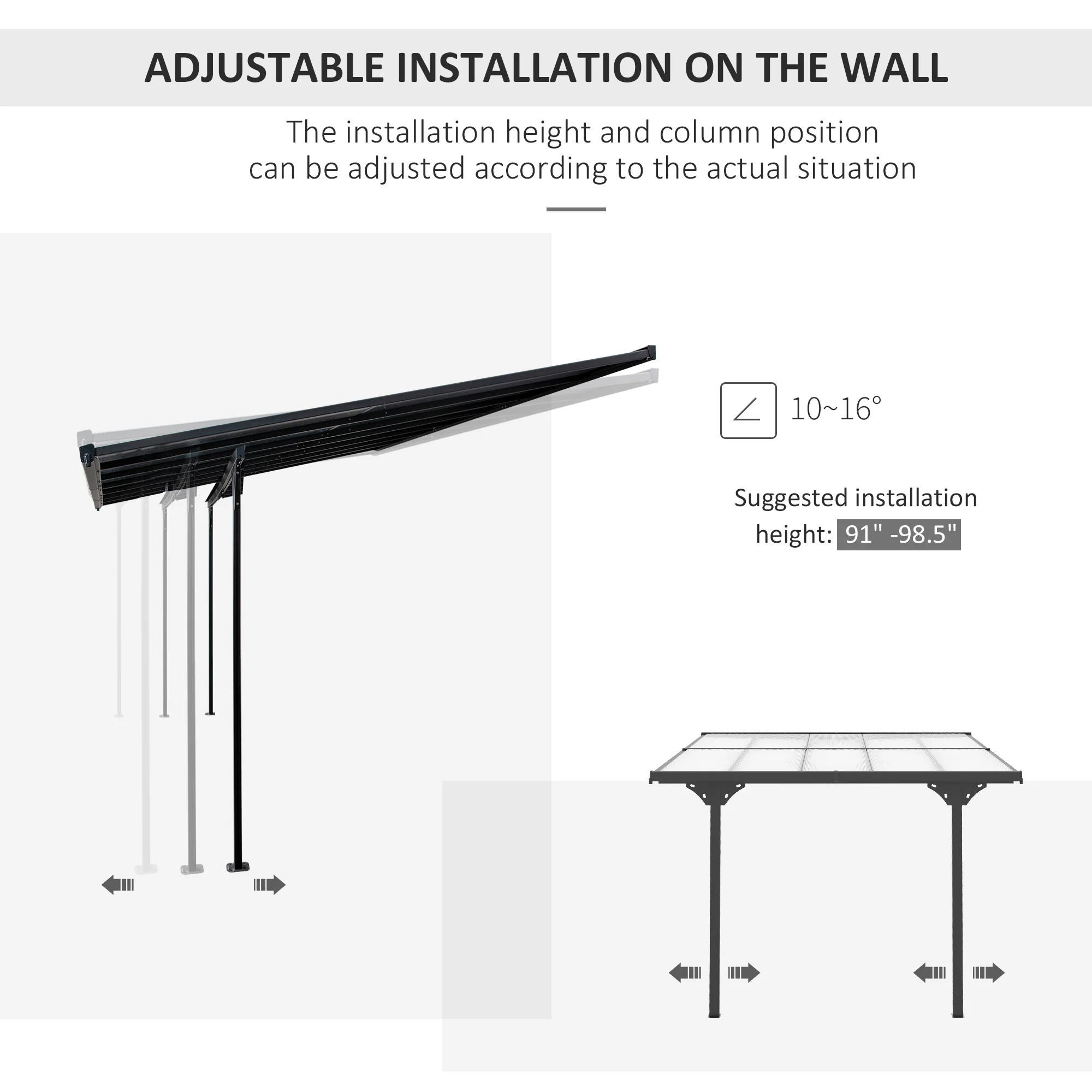 10' x 10' Outdoor Lean to Hardtop Pergola with Polycarbonate Roof & Adjustable Height, Grey - Image 6