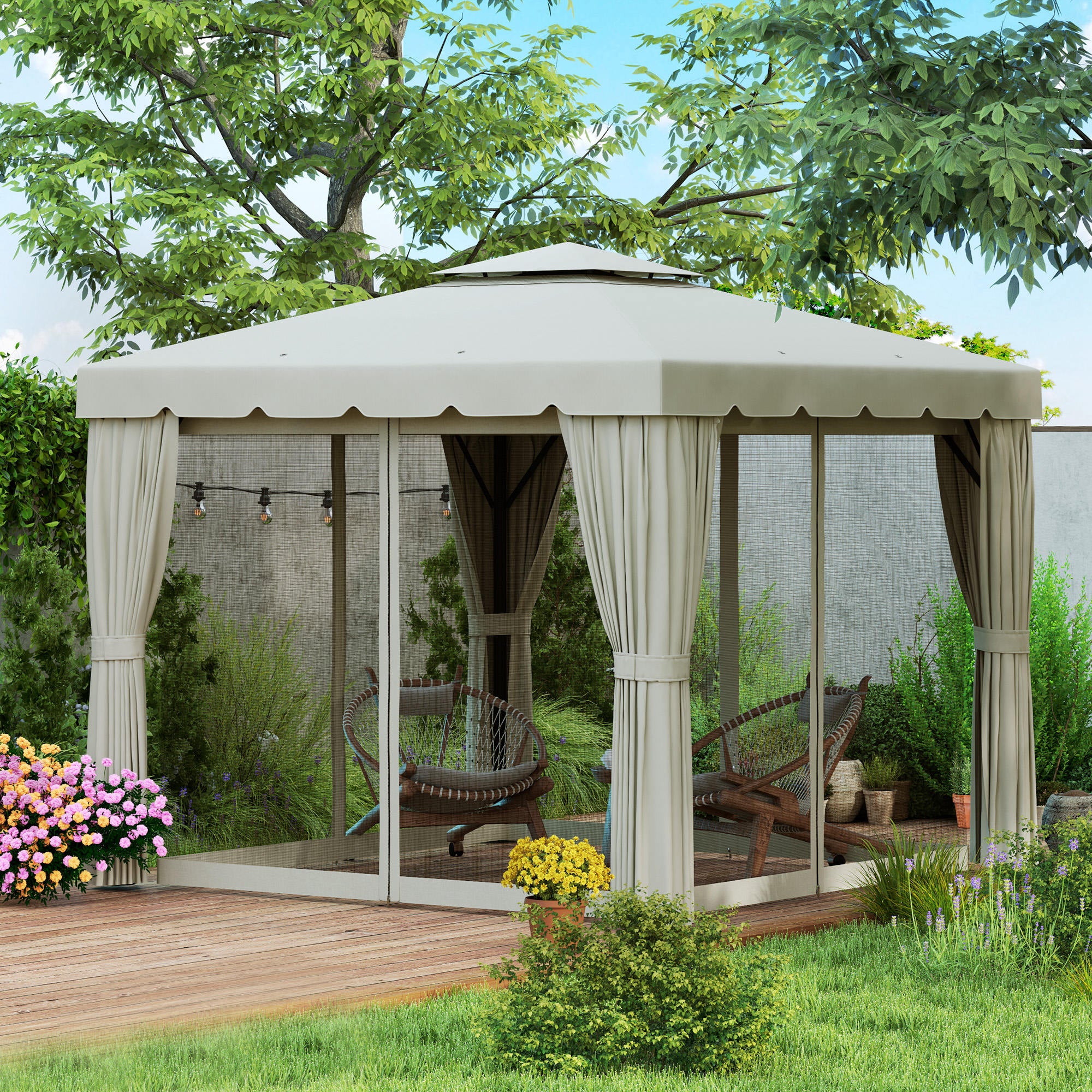 10' x 11' Soft-top Gazebo with Polyester Curtains & Mesh Screens, Cream White - Image 10