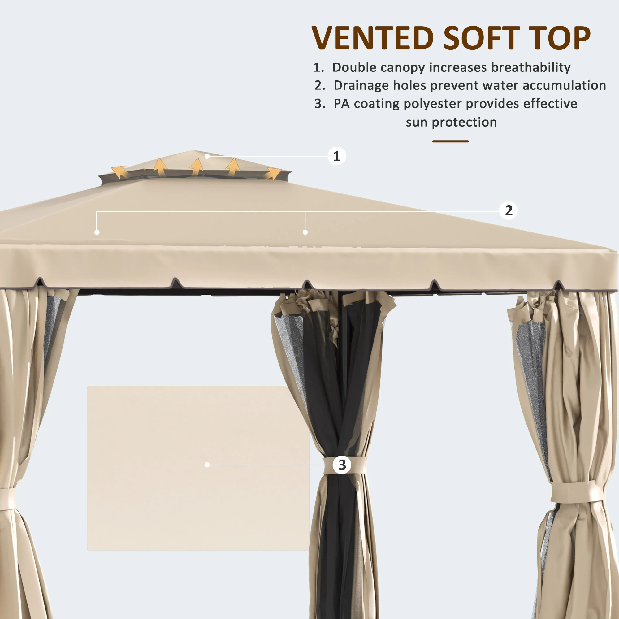 10' x 13' Soft-top Gazebo with Polyester Curtains & Mesh Screens, Khaki - Image 6