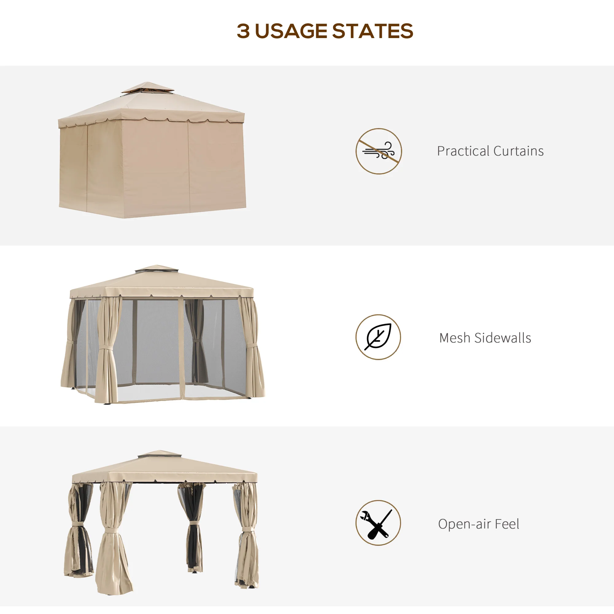 10' x 13' Soft-top Gazebo with Polyester Curtains & Mesh Screens, Khaki - Image 8