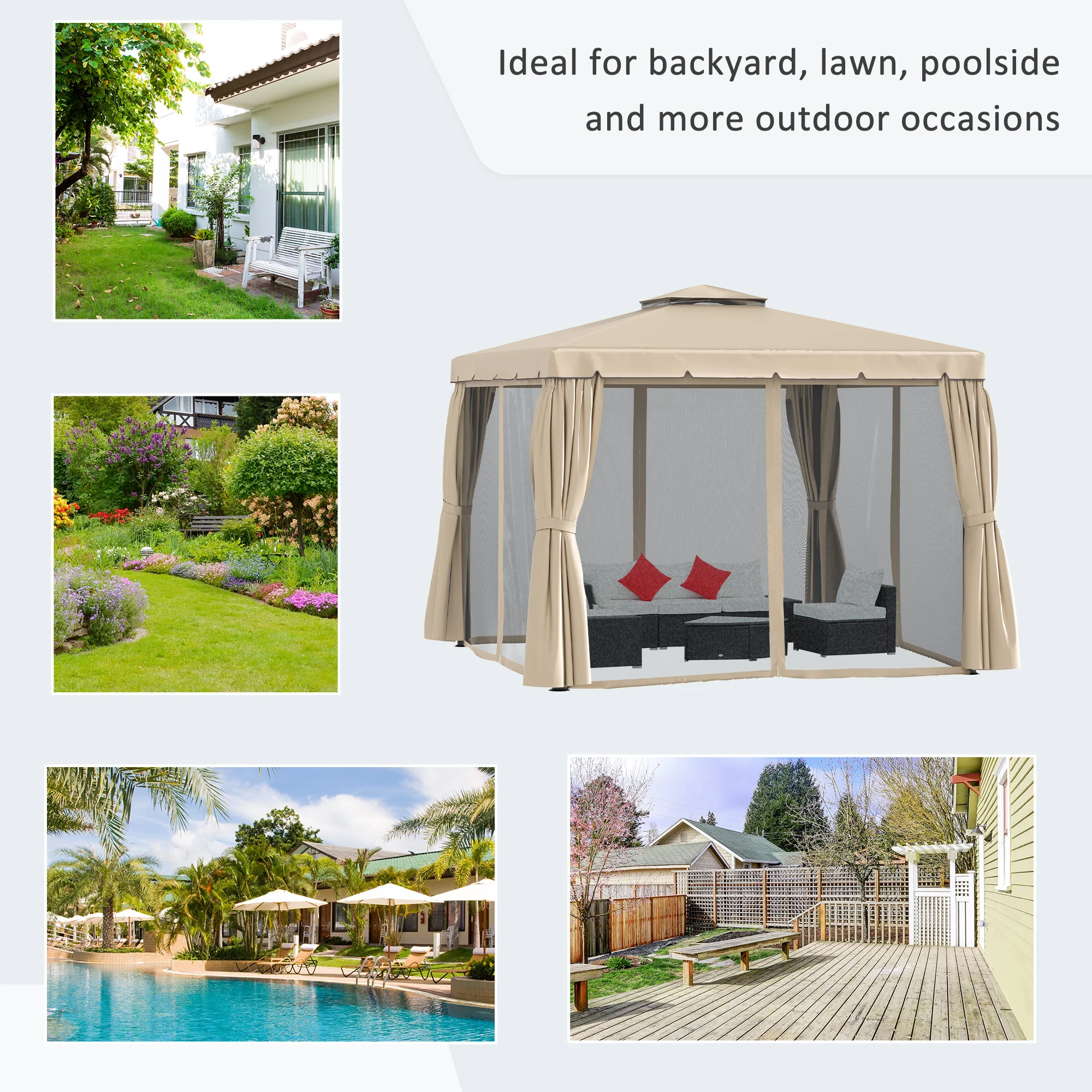 10' x 13' Soft-top Gazebo with Polyester Curtains & Mesh Screens, Khaki - Image 9