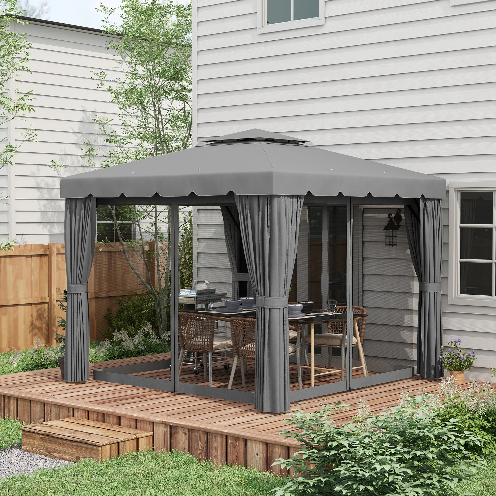 10' x 10' Soft-top Gazebo with Polyester Curtains & Mesh Screens, Light Grey - Image 3