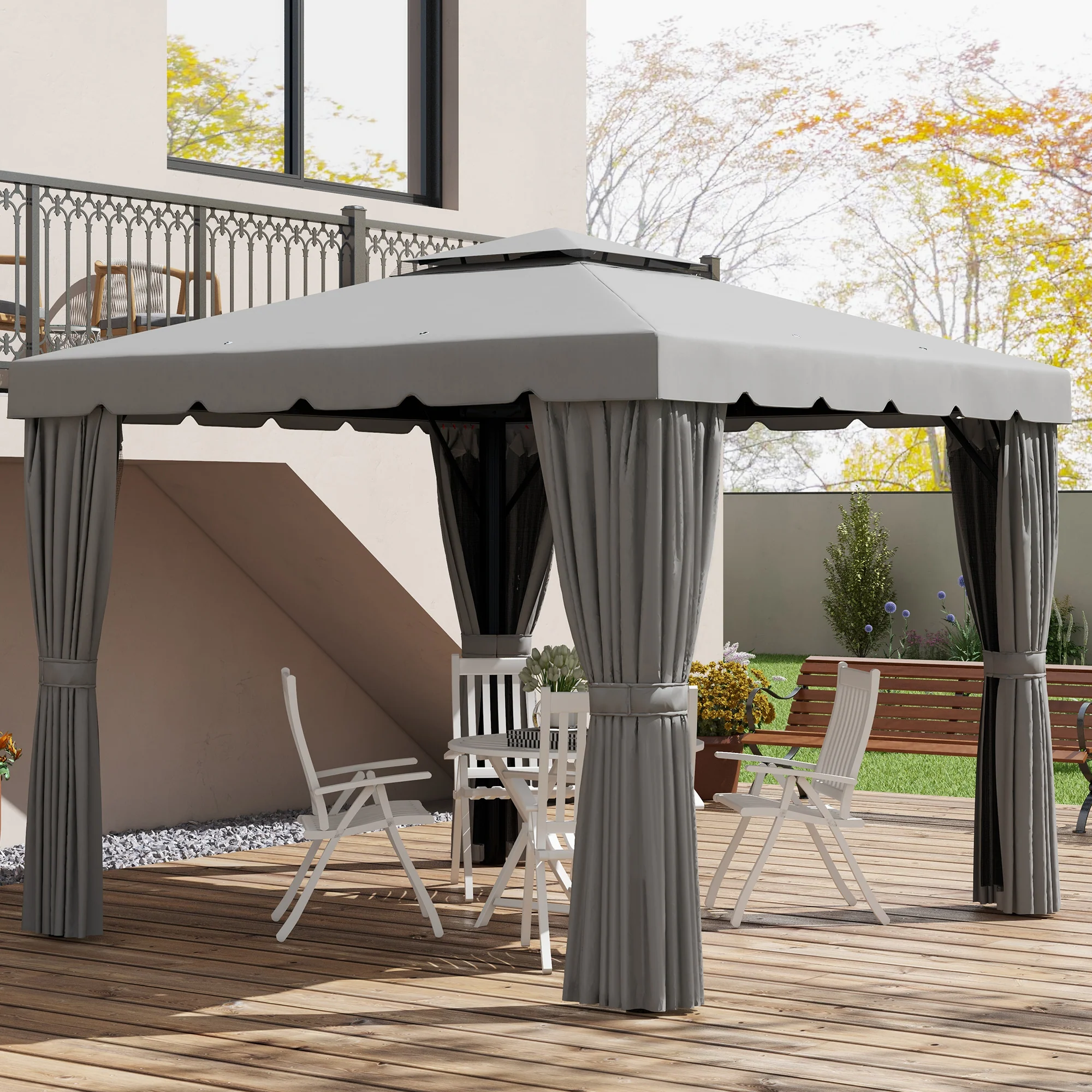10' x 10' Soft-top Gazebo with Polyester Curtains & Mesh Screens, Light Grey - Image 4