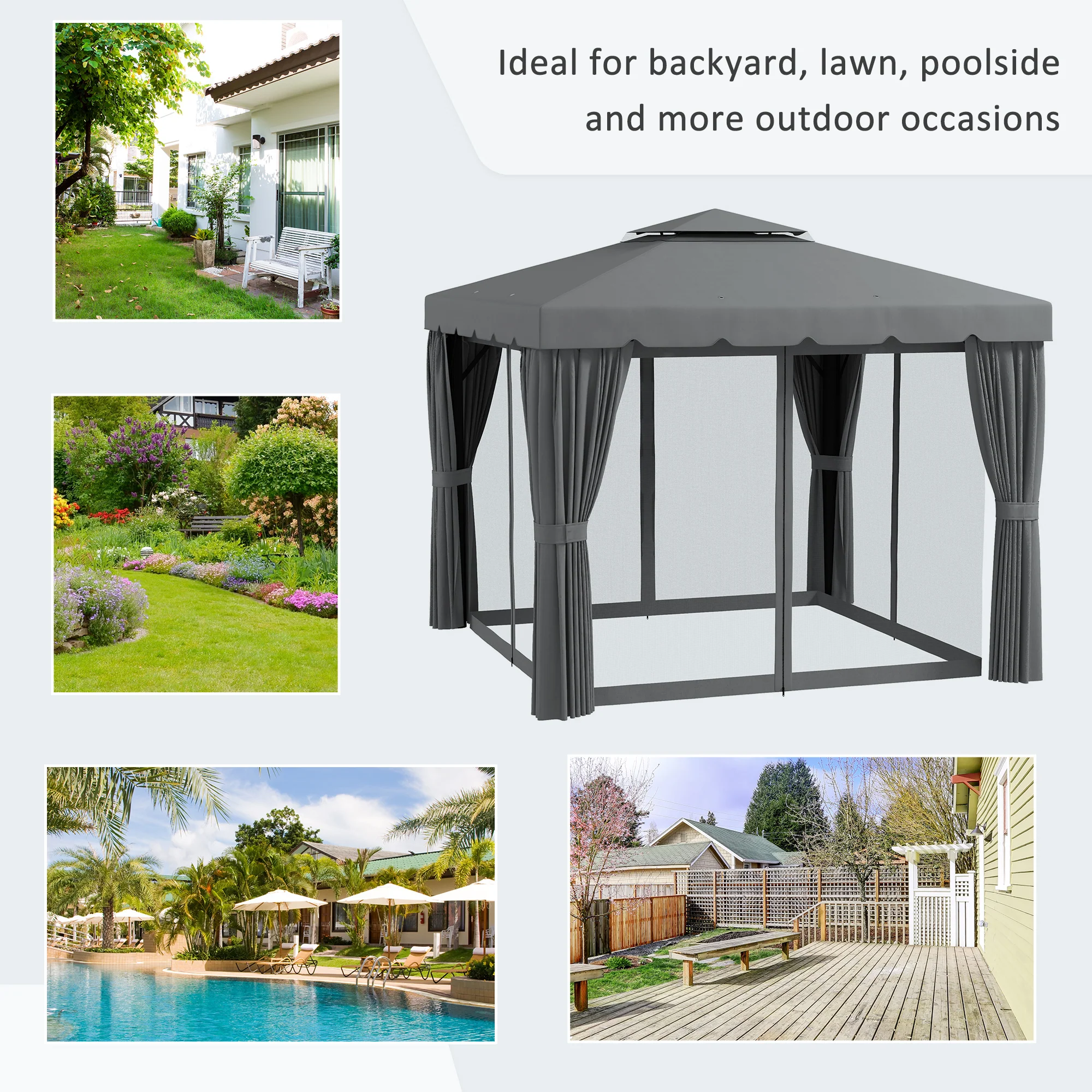 10' x 10' Soft-top Gazebo with Polyester Curtains & Mesh Screens, Light Grey - Image 9