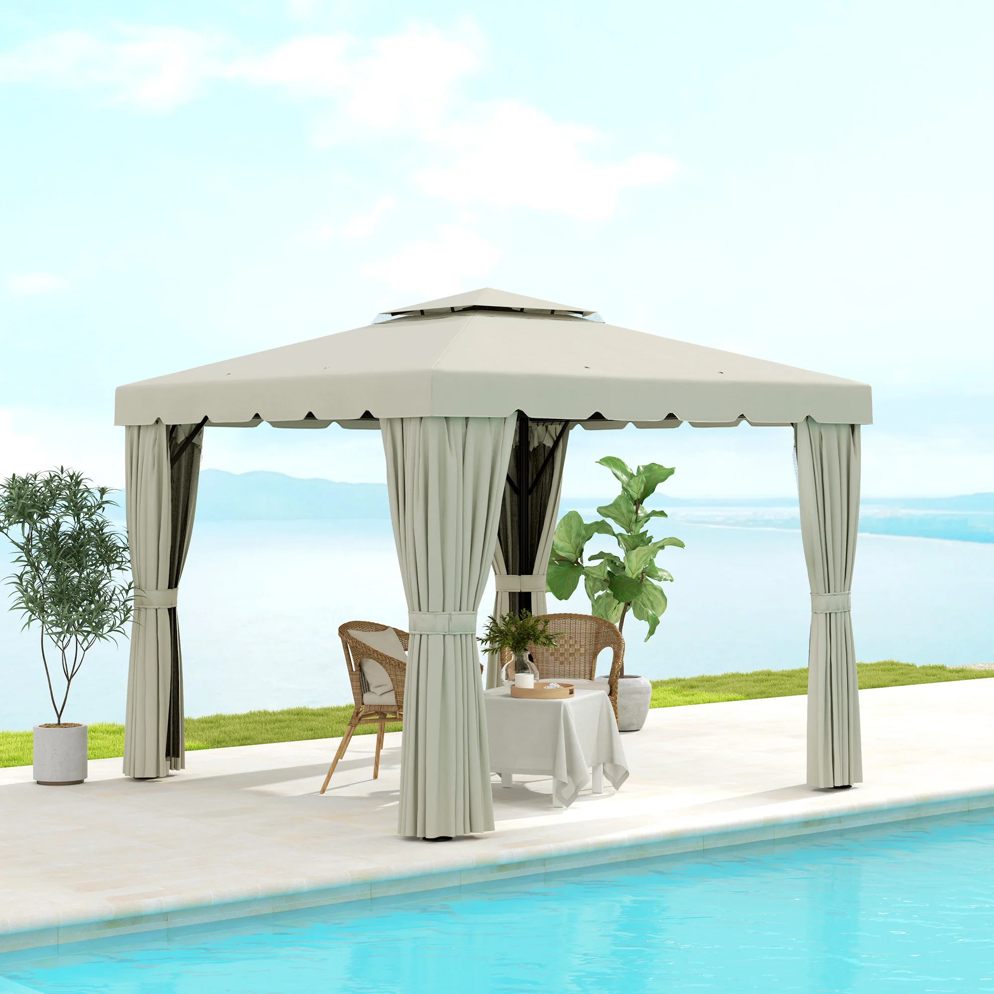 10' x 11' Soft-top Gazebo with Polyester Curtains & Mesh Screens, Cream White - Image 4