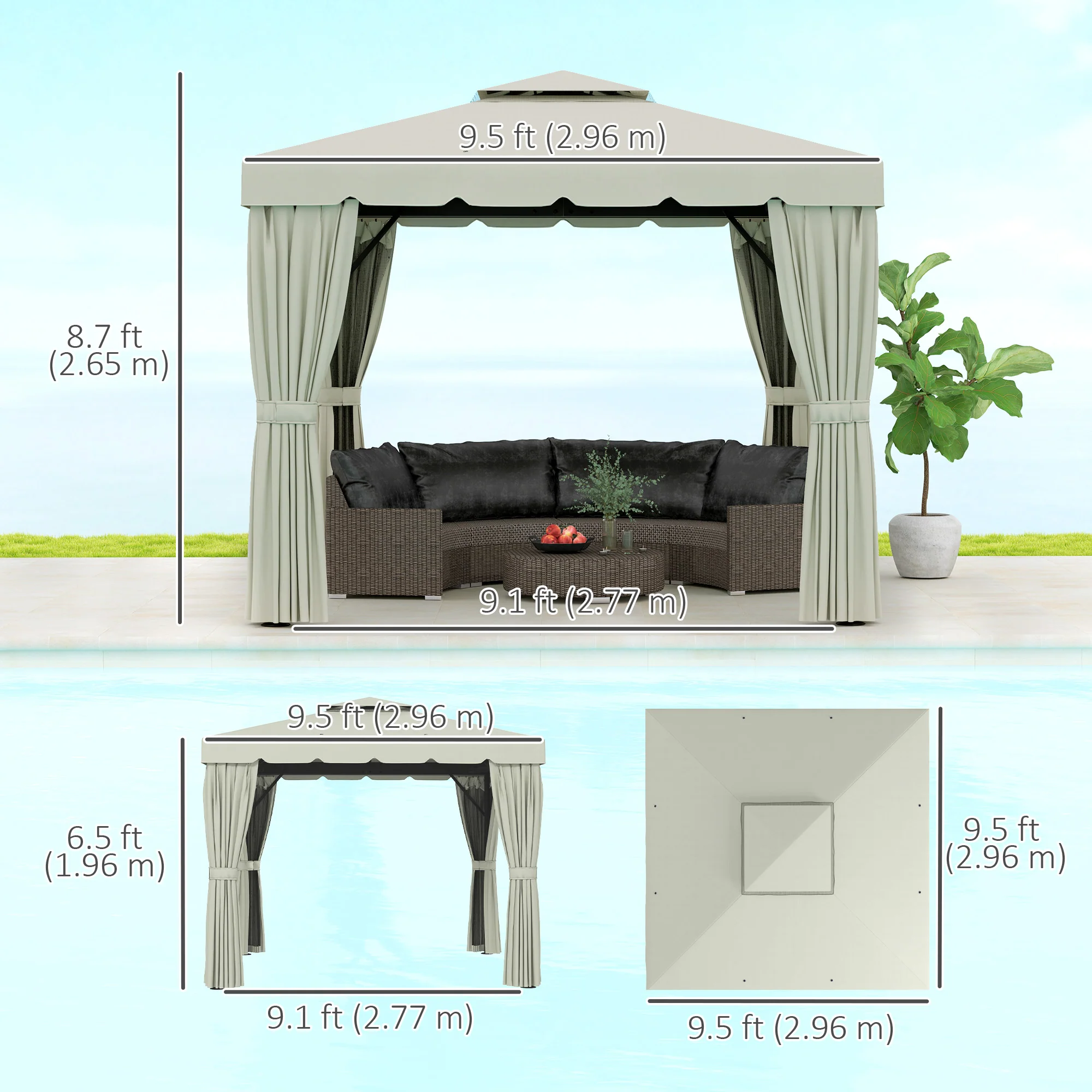 10' x 11' Soft-top Gazebo with Polyester Curtains & Mesh Screens, Cream White - Image 5