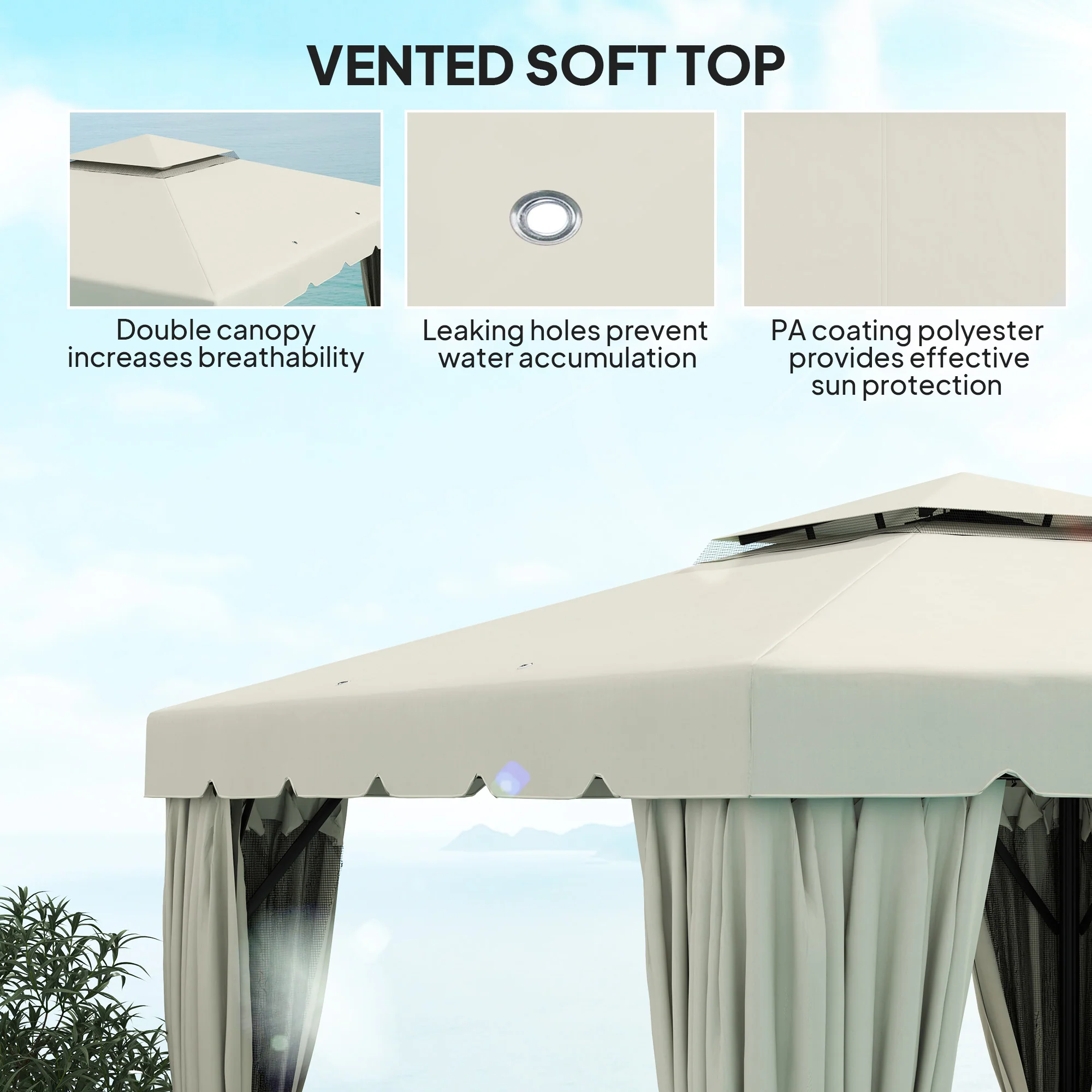 10' x 11' Soft-top Gazebo with Polyester Curtains & Mesh Screens, Cream White - Image 6