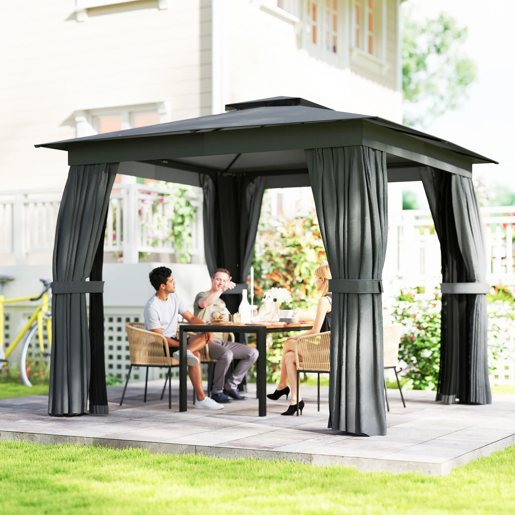 10' x 10' Soft Top Gazebo Canopy Shelter with Double Roof, UPF30+ Protection for Lawn, Backyard, Deck, Dark Gray - Image 3