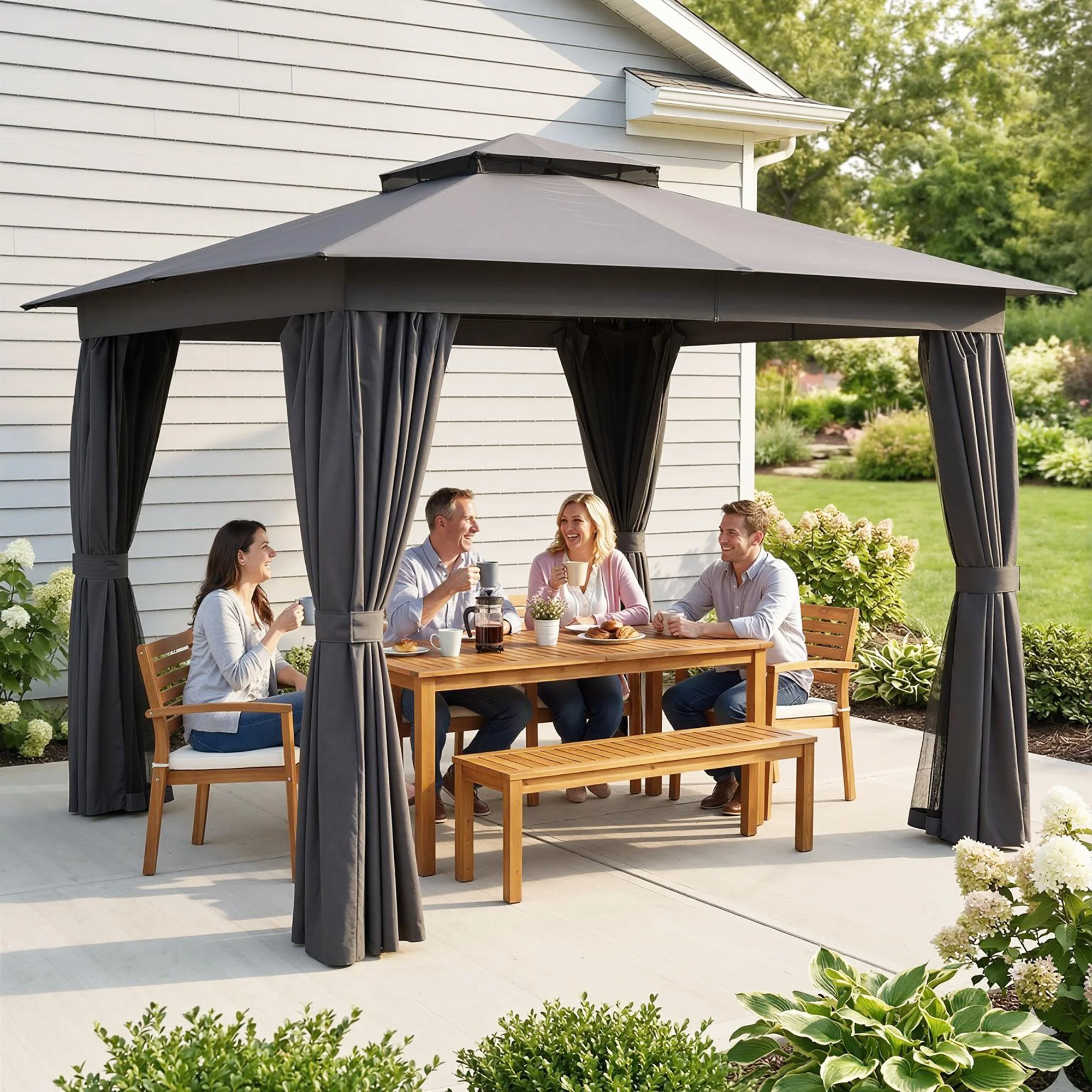 10' x 10' Soft Top Gazebo Canopy Shelter with Double Roof, UPF30+ Protection for Lawn, Backyard, Deck, Dark Gray - Image 4