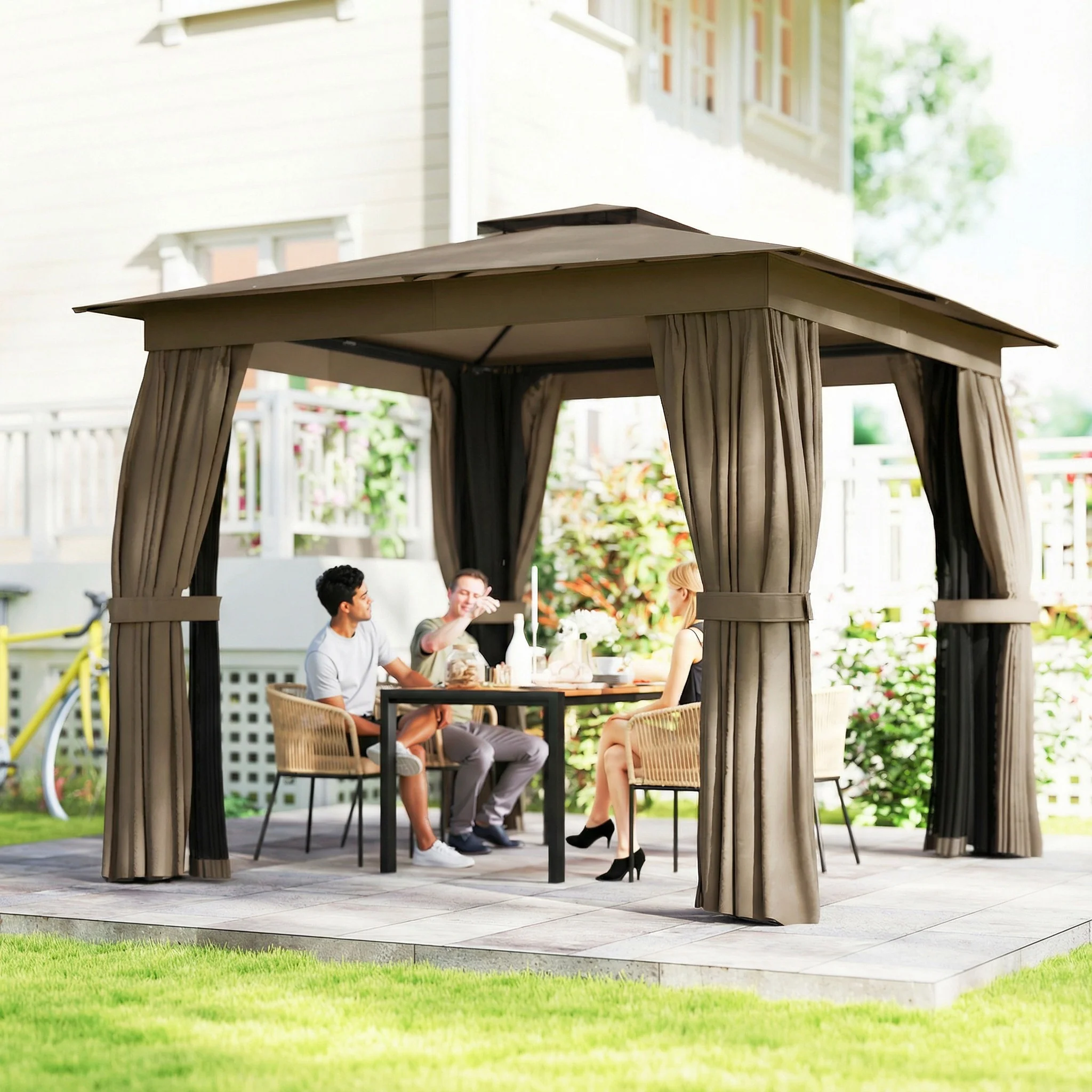 10' x 10' Soft Top Gazebo Canopy Shelter with Double Roof, UPF30+ Protection for Lawn, Backyard, Deck, Khaki - Image 3