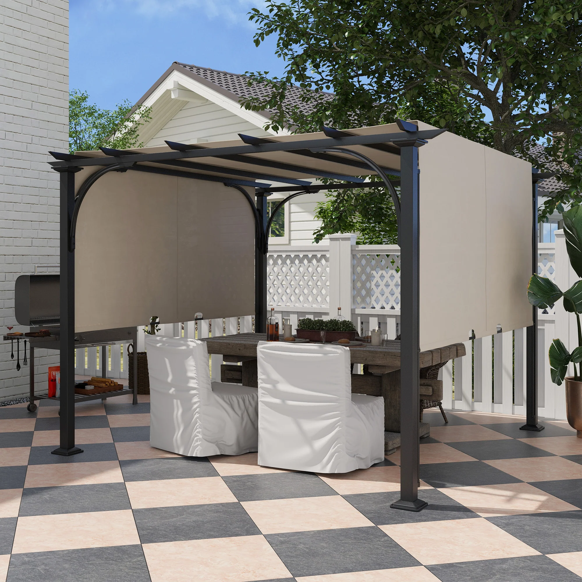 10' x 10' Outdoor Pergola Patio Gazebo Canopy Sun Shelter with Steel Frame, Beige - Image 3
